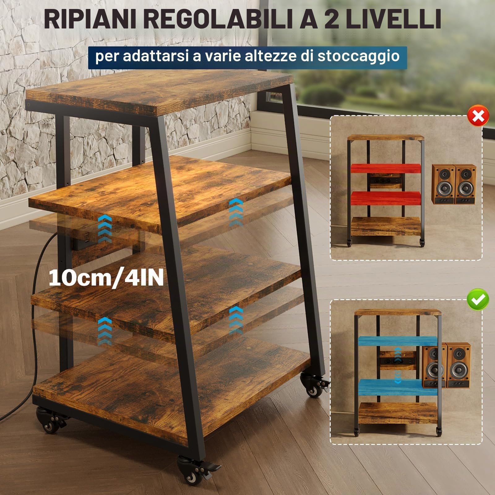Mobile HIFI con ruote, Mobile Giradischi con 4 Ripiani e luce a LED, Supporto HIFI di altezza regolabile per Amplificatore/DVD Player/Sky Box
