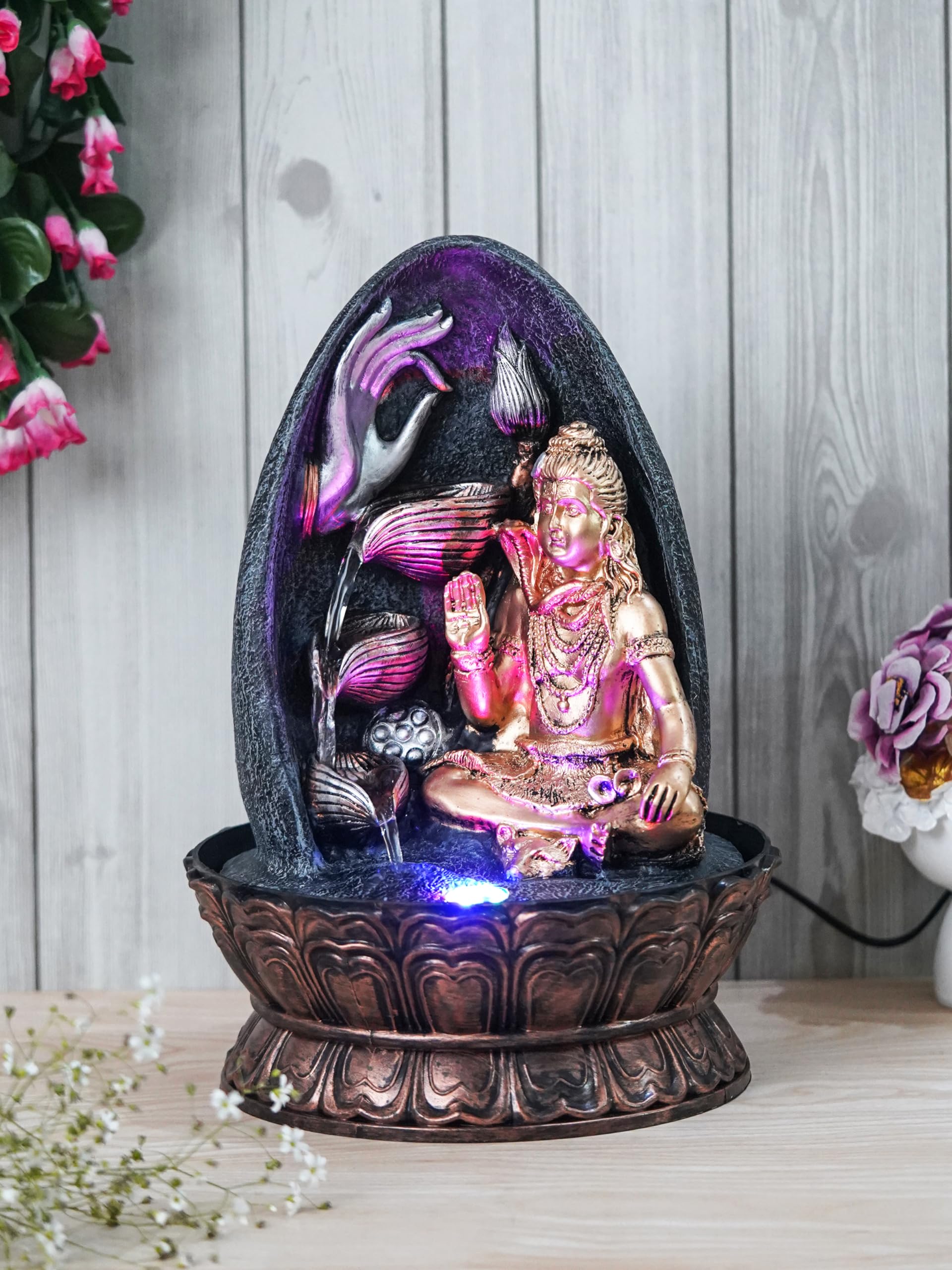 CHRONIKLE Golden and Grey Polyresin Tabletop Lord Shiva Showing Mudra 3 Step Indoor Water Fountain For Home Decor with Multicolor LED Light & Speed ​​Control Pump (Size: 27 x 27 x 39CM | Wt: 2140Gram)-image-42