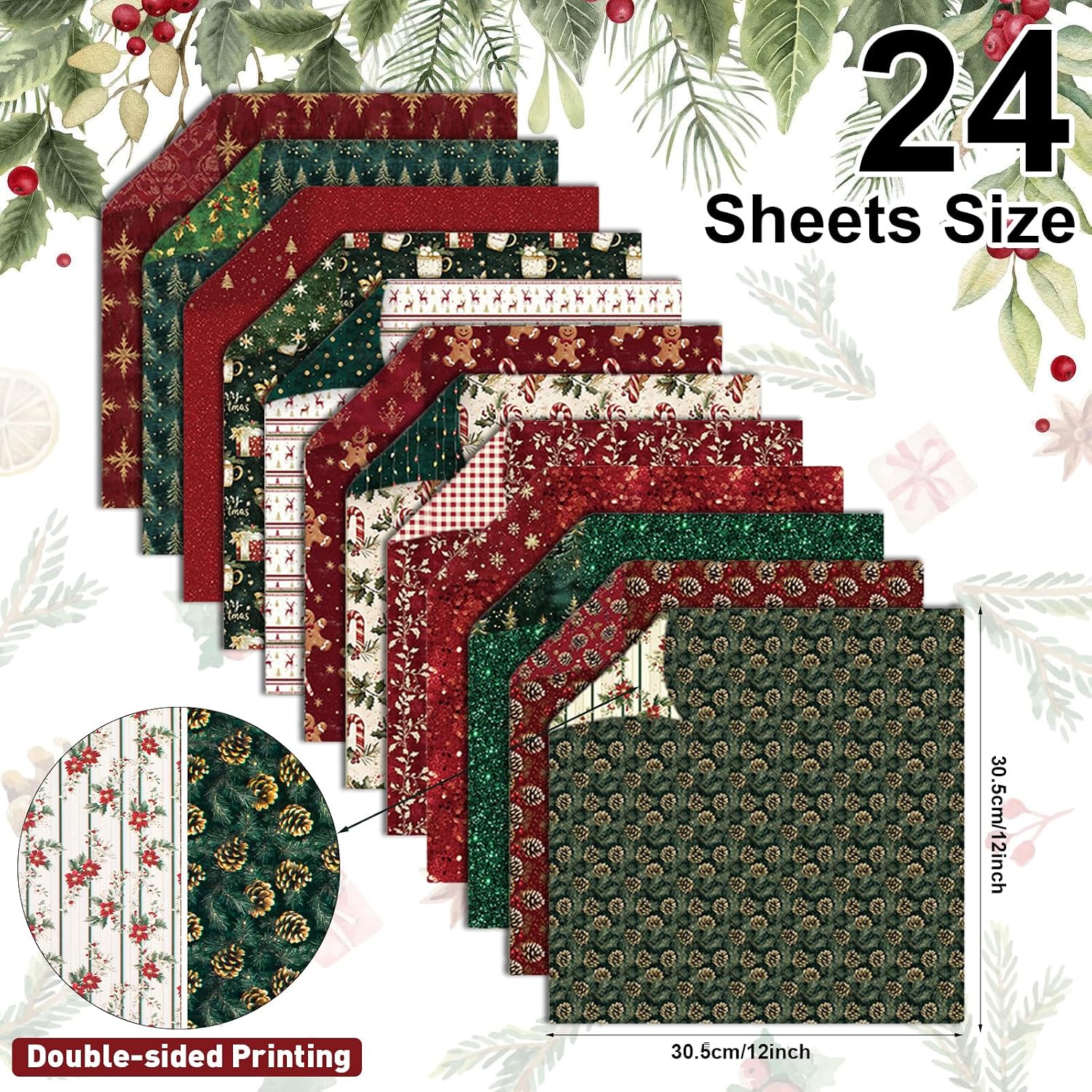 24 Sheets Christmas Scrapbook Paper Double Sided 12x12" for Card Making