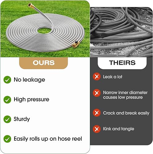 Miniatura 4 de Manguera de jardín de metal de acero inoxidable de 50 pies, ligera, sin torceduras y sin enredos, flexible con accesorios de latón, válvula de