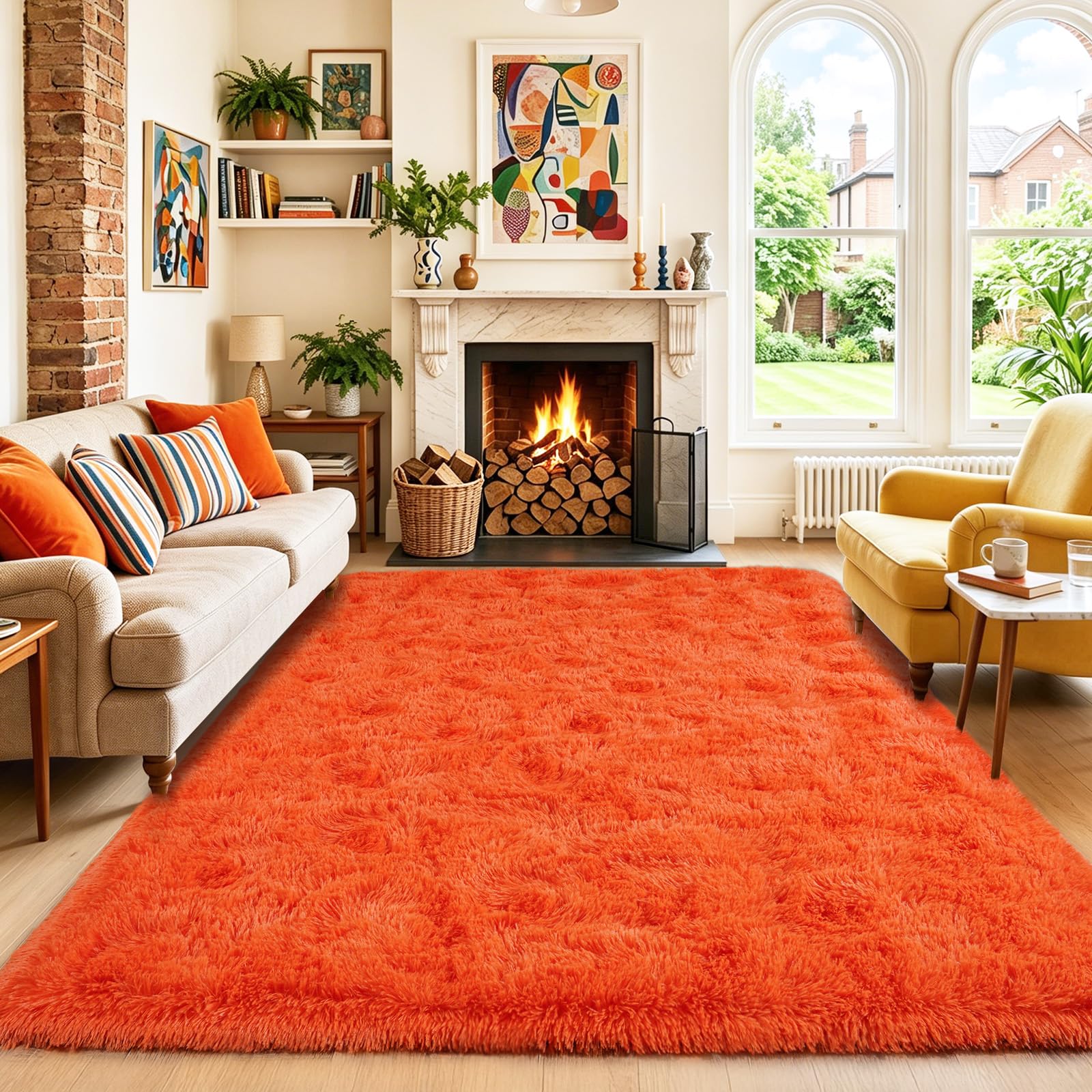 Quntue Fluffy Area Rugs for Bedroom, Soft Fuzzy Orange Rug 6x9 Feet, Shaggy Carpet for Living Room Plush Indoor Non Slip Carpets for Kids Nursery Dorm Home Decor