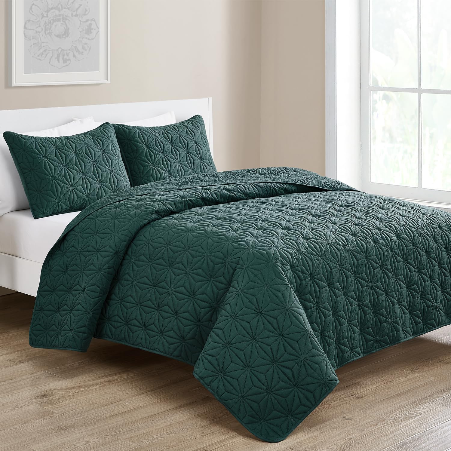 Full Green Microfiber Reversible Geometric Quilt Set