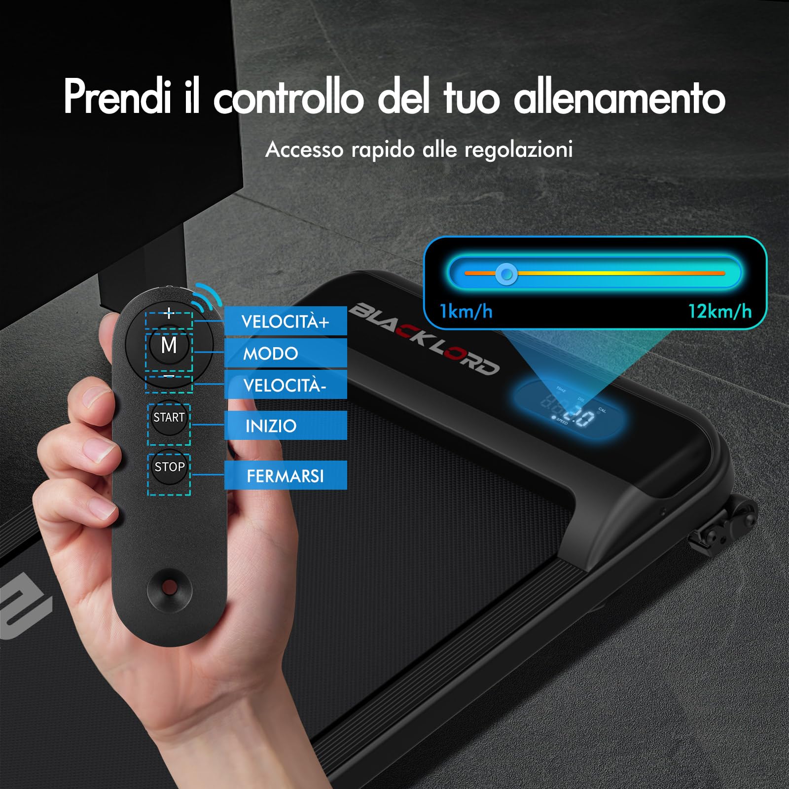 BLACK LORD Tapis roulant, Walking pad 9/12/16 km/h, Tappetino da corsa con/senza inclinazione del 9%, Sotto la scrivania, Portatile, Silenzioso, Display LED, Controllo tramite App, 120/130/140 kg