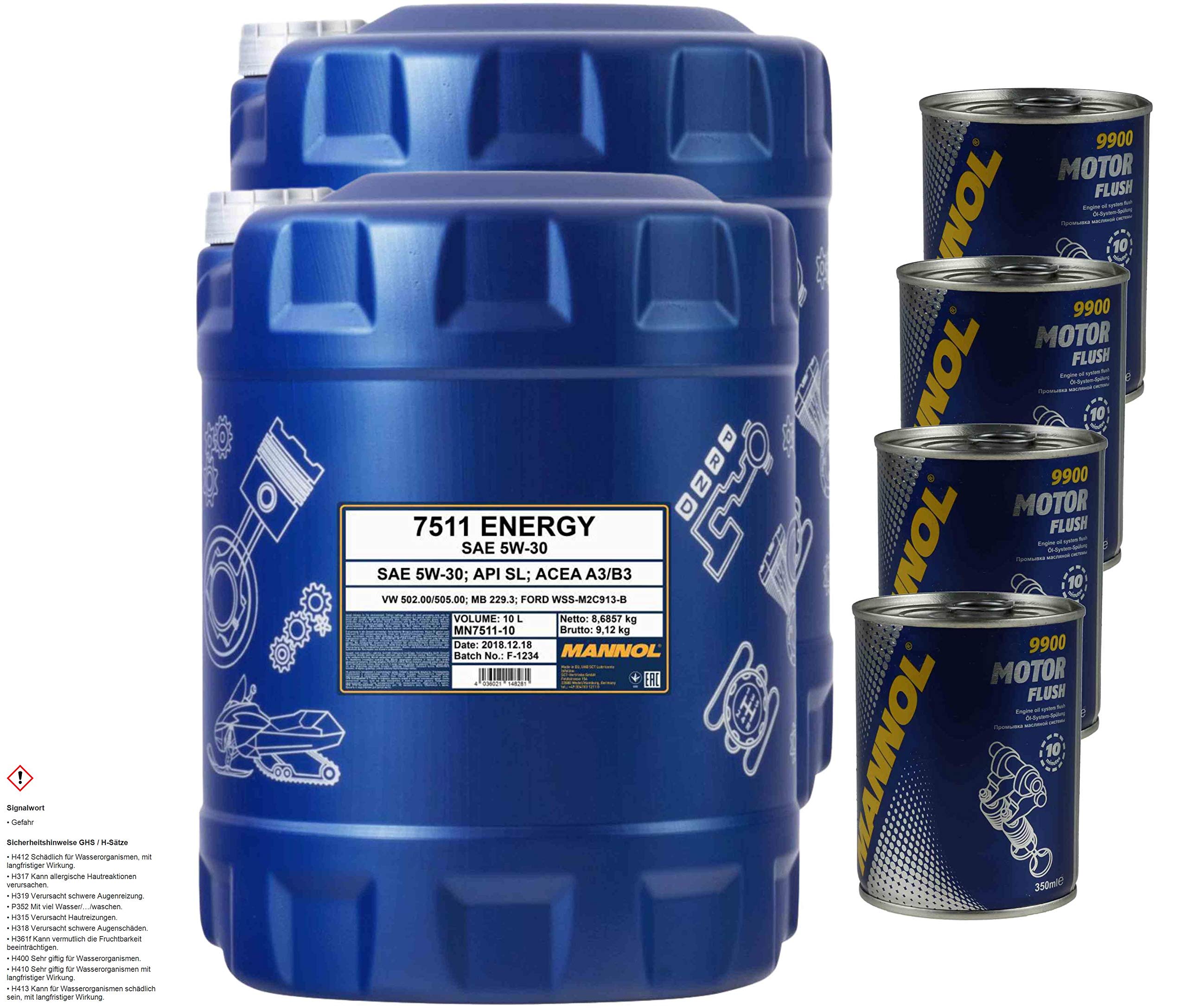 20L de aceite de motor Mannol Energy 5W-30 4x Mannol Motor Flush Aditivo