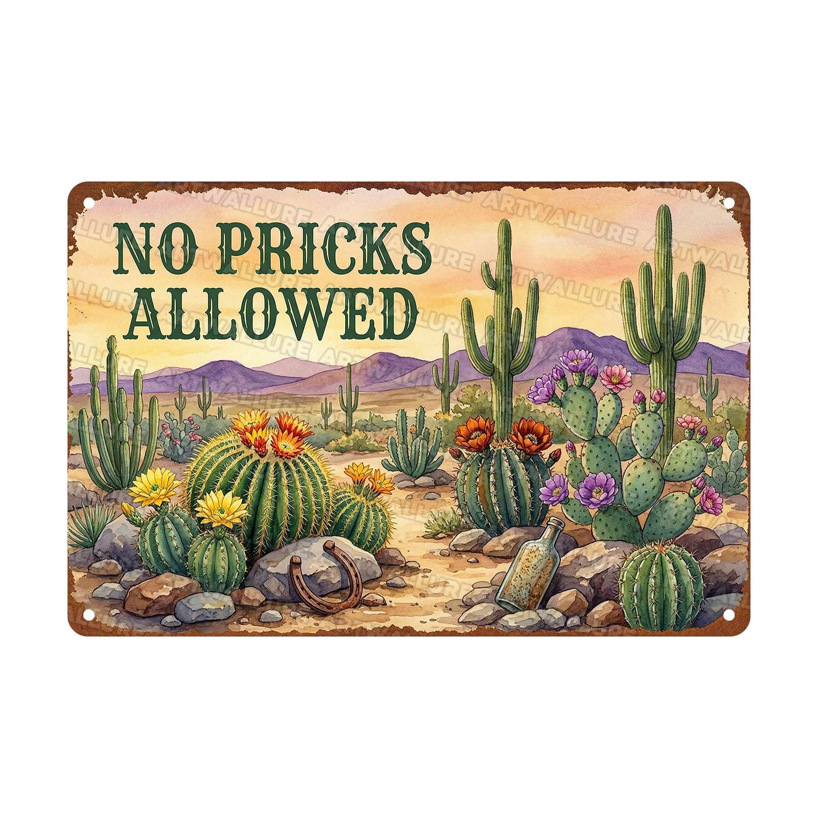 Cactus Desert Tin Sign No Pricks Allowed Metal Sign For Succulent Fans Front Door Porch Patio Office 8x12Inch