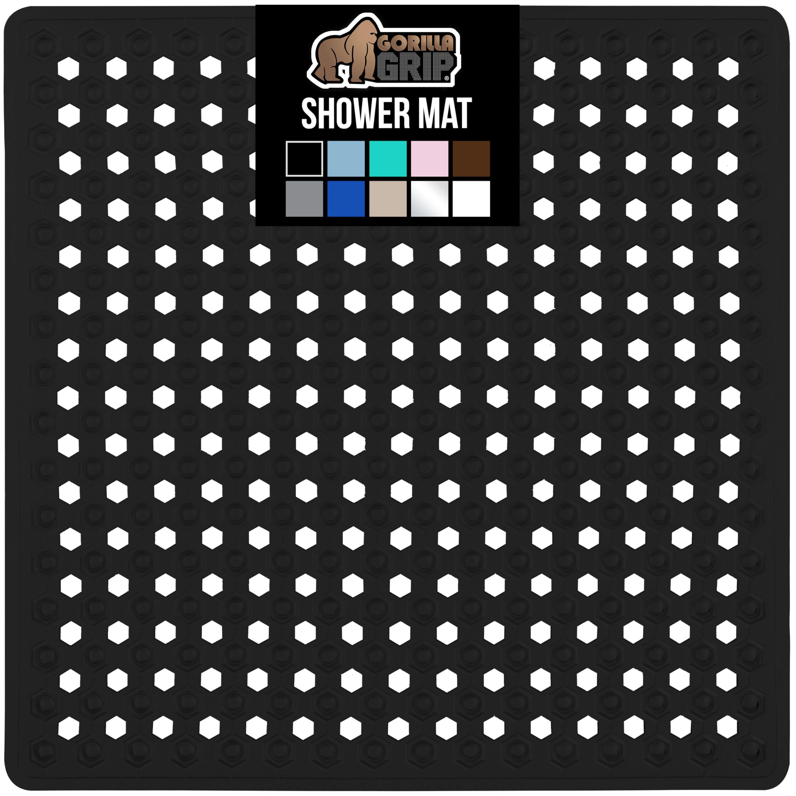 Gorilla Grip Patented Shower Stole Mat, Machine Washable, Bathroom Bathtub Mat for Stand Up Showers and Small Bathtubs, Drain Keeps Floors Clean with Suction Cups, Black, Opaque, Square (21" x 21")