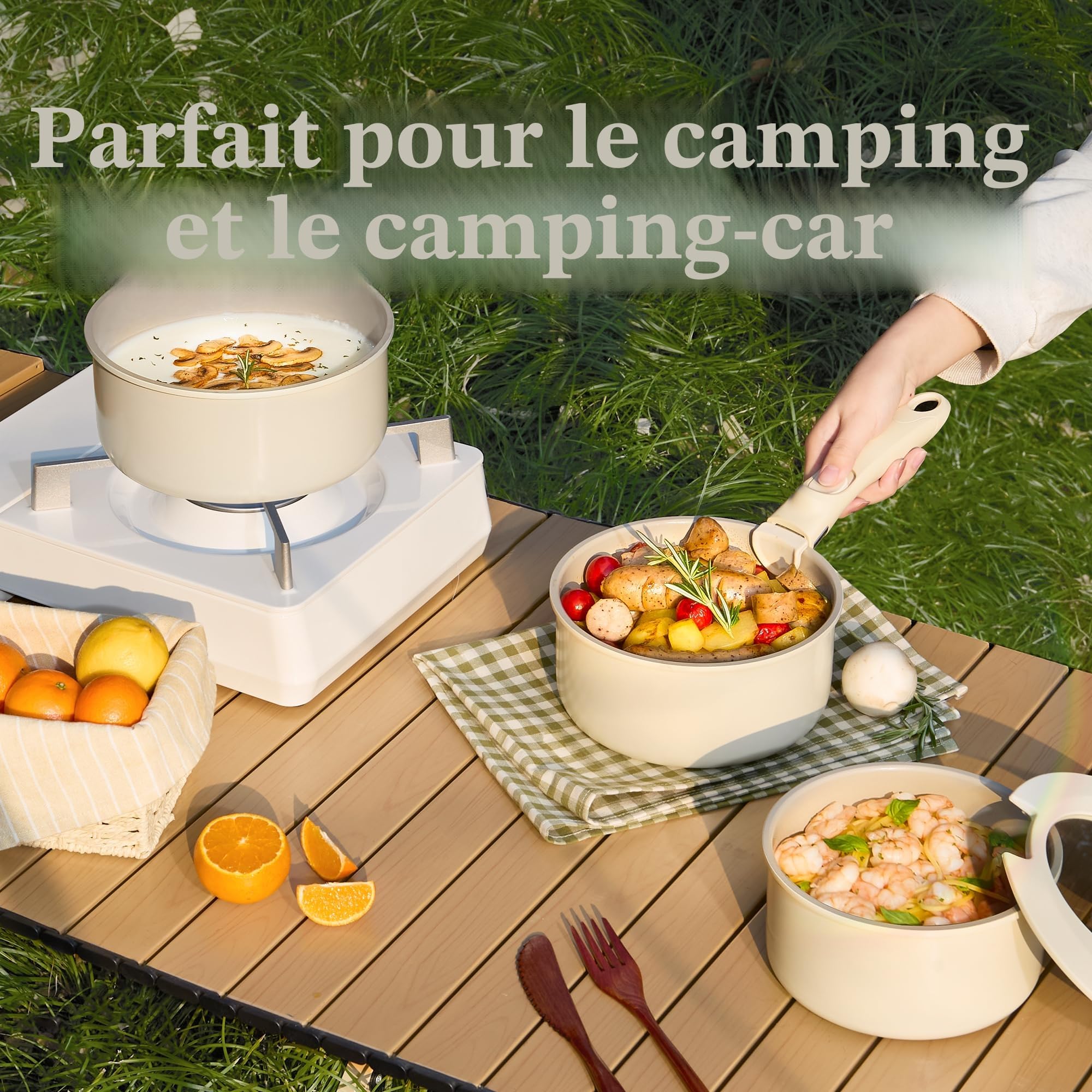 Redchef Set de Casseroles en Céramique, Lot 3 Poignées Amovibles, Anti-adhésives 16/18/20 cm, Casserole Induction, Couvercle 3 EN 1, Passe au four, sans PFOA, Tous feux dont induction (Beige)