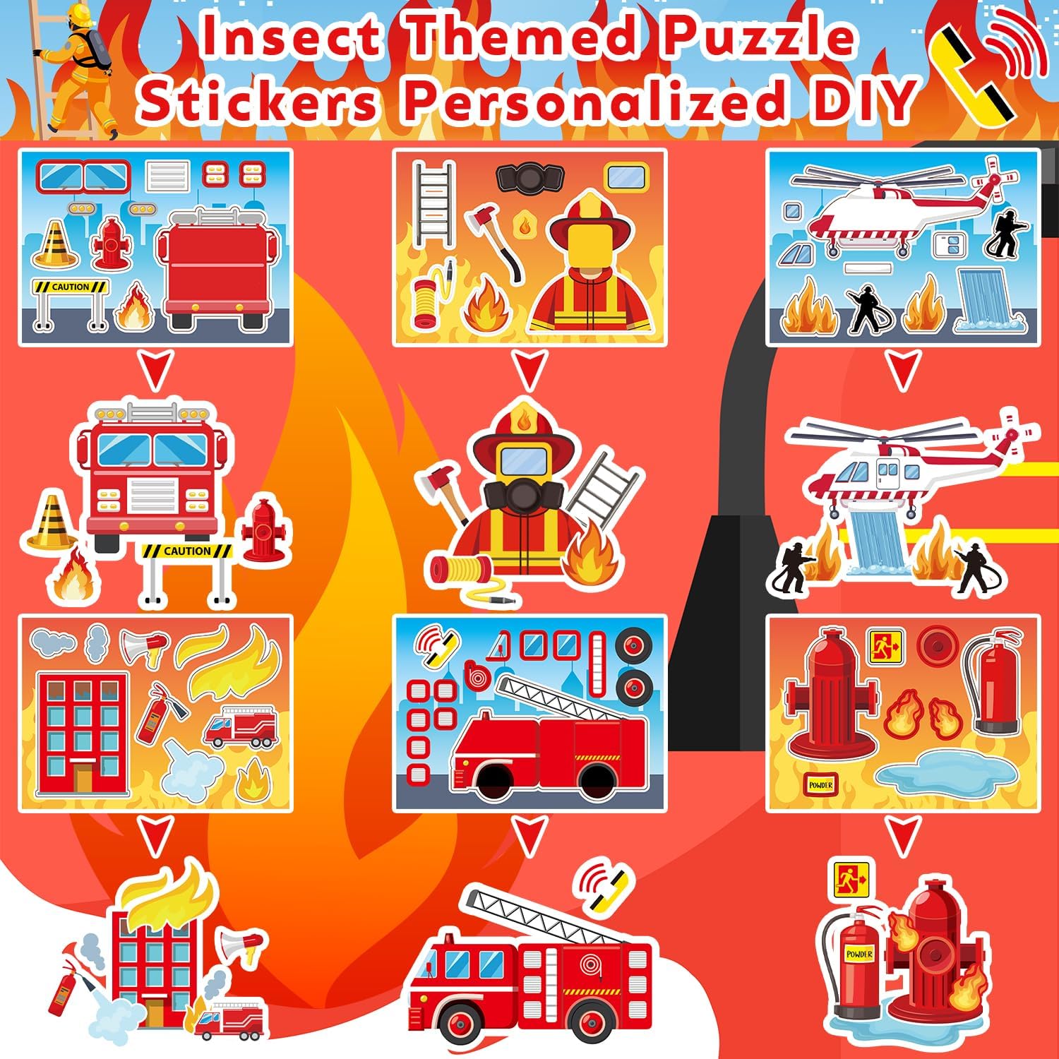 122PCS Fire Truck Party Favors, 50 Stickers, 12 Assemble Stickers, 12 Button Badges, 12 Mini Notepads, 12 Slap Bracelets, 12 Rubber Bracelets, 12 Goodie Bags for Firefighter Firetruck Party Supplies - Image 7