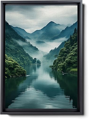 DustinWay Framed Canvas Print Wall Art Set of 3 Green Forest Mountain Photography Modern Art Minimalist Nature Decor