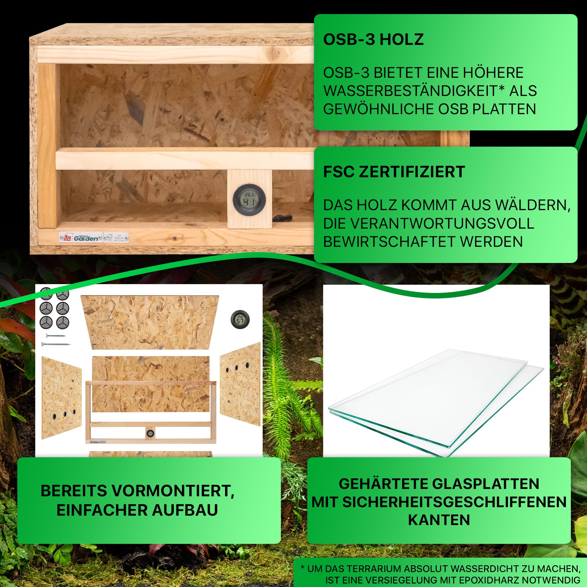 ITA Mini Terrarium 60x30x30 cm mit Seitenbelüftung & Integriertem Hygrometer - Holzterrarium aus OSB-3 Platten - Terrarien für Reptilien, Schlangen, Amphibien - EU Produkt, FSC Zertifiziert