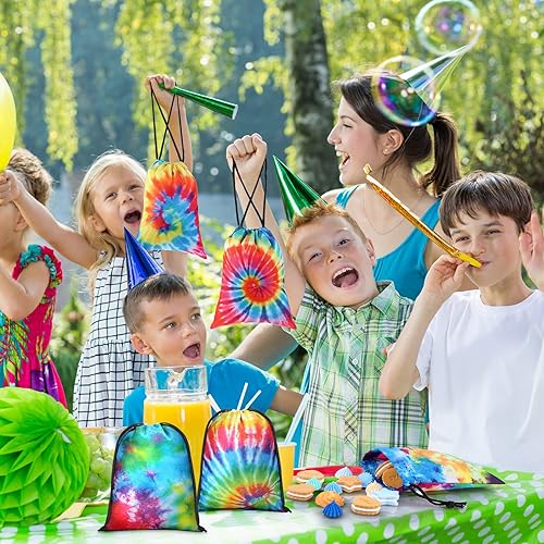 Miniatura 7 de Cunno 24 bolsas de 7 x 5 pulgadas con cordón de teñido anudado, bolsas reutilizables de poliéster coloridas para dulces para suministros de fiesta