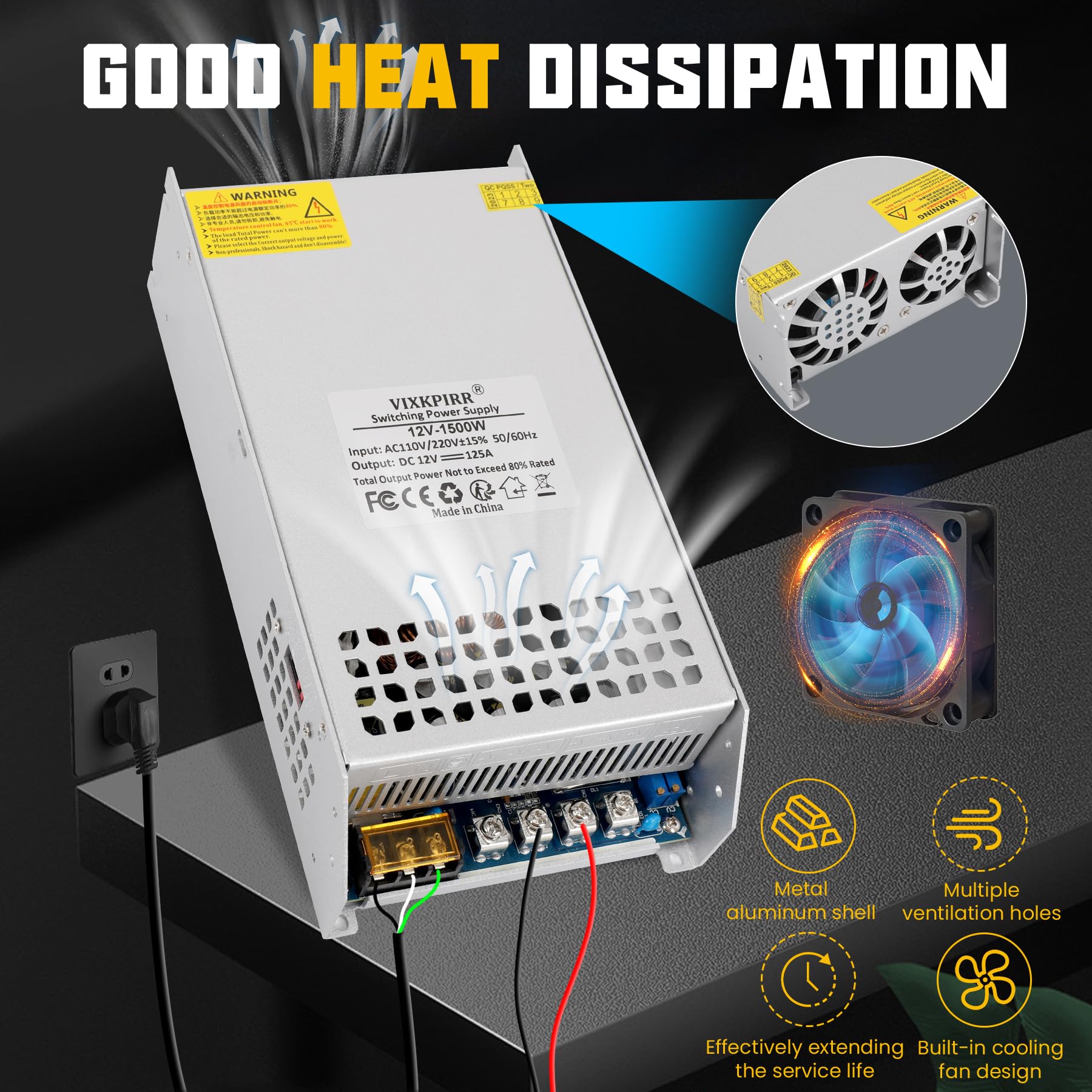 DC 12V 125A 1500W Fuente de Alimentación Transformador 220V CA a CC 12V Convertidor 125A 1500W Alimentacion Adaptador para 12Volt LED lámpara Motor Bomba CCTV Cámara Seguridad Car Stereo