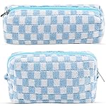 2Pcs Checkered Pencil Case Cute Pencil Pouch for Teens Checkered Makeup Bag Travel Cosmetic Bag Set Cute Makeup Pouch for Purse Portable Zippered Skincare Bags Preppy Toiletry Bags Organizer(Blue)