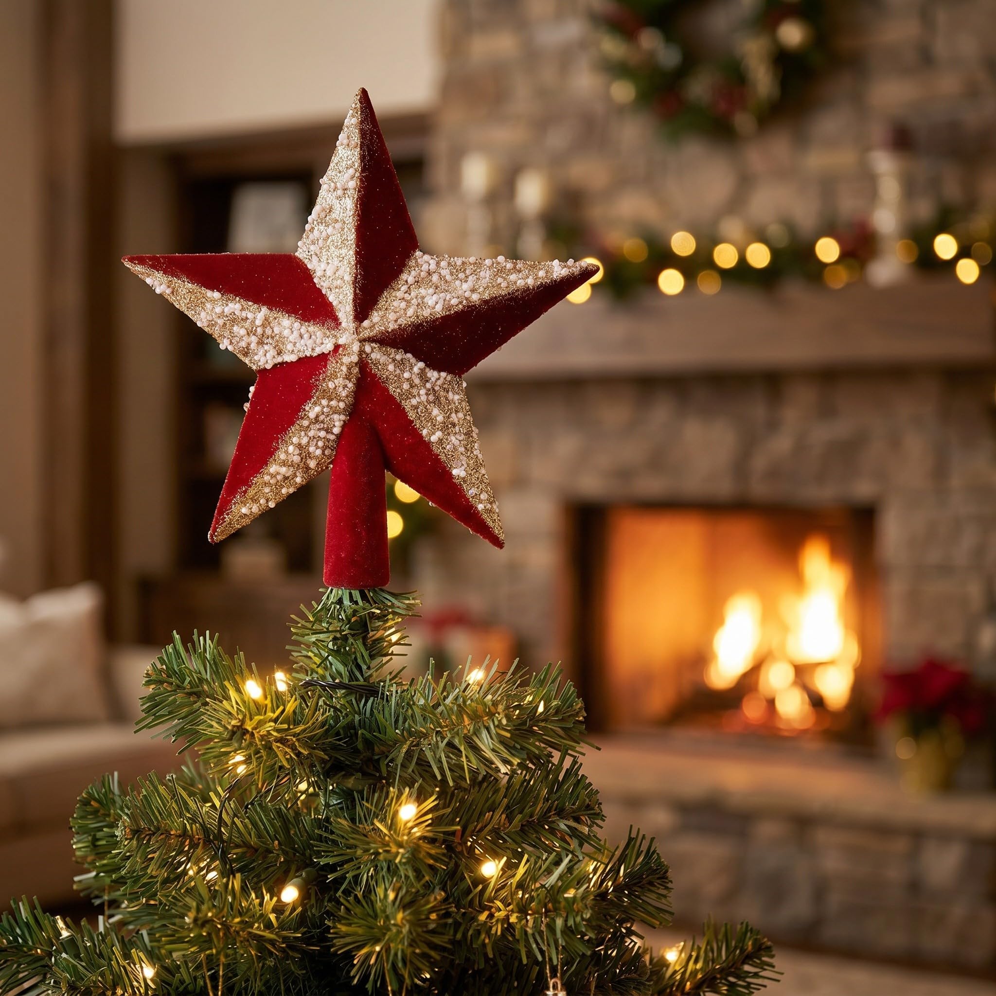 Étoile rouge pailletée pour cime de sapin de Noël, 19,5 cm avec détails | PS Plastique et finition floquée Douille de montage 2 cm pour sapin de Noël, fêtes, maisons et présentations saisonnières