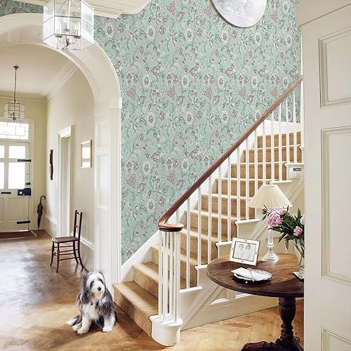 Miniatura 4 de Simon&Siff Papel tapiz floral vintage con estampado de cachemira francés, 17.3 x 236 pulgadas, no tejido, grueso, bohemio, verde y azul, para