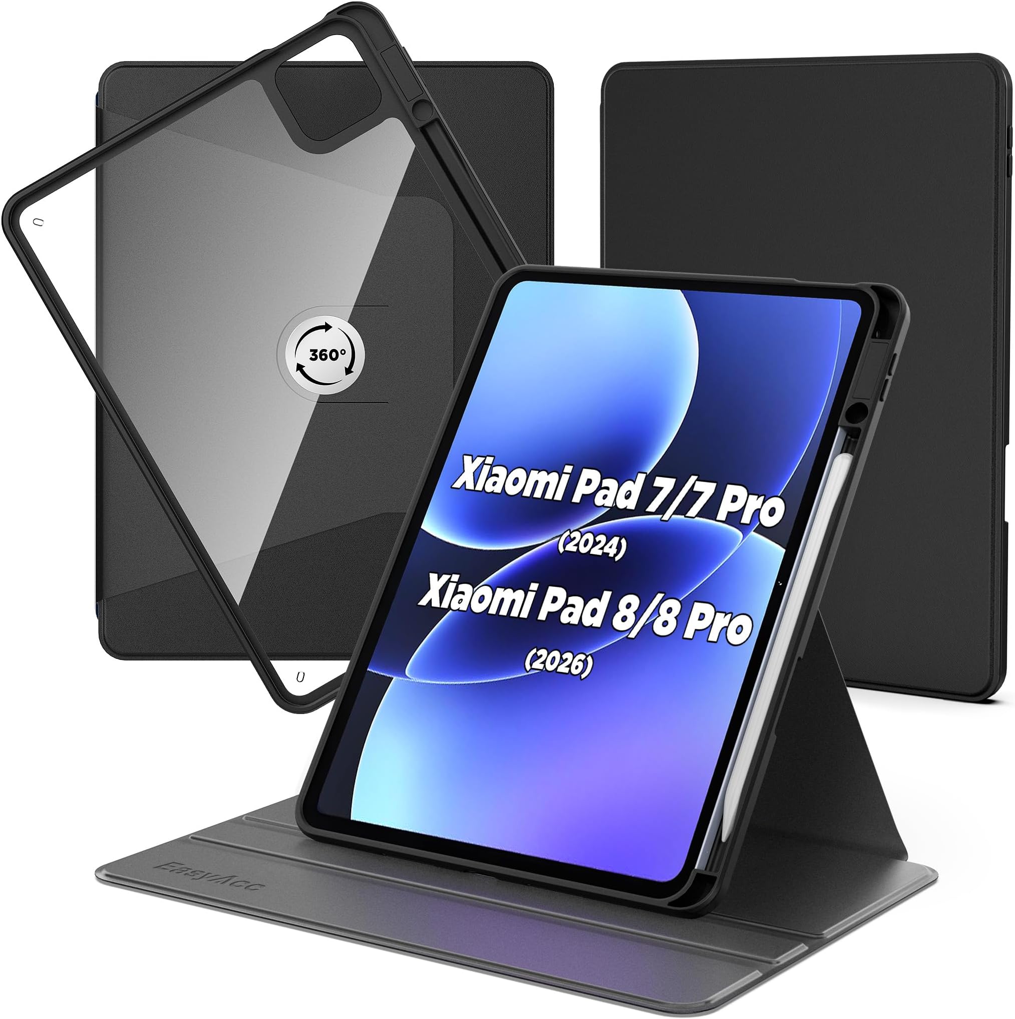 EasyAcc Rotating Case for Xiaomi Pad 7/7 Pro 11.2 Inch with Xiaomi Pen Holder and Acrylic Protective Case, 360 Degree Rotating with Impact Protection, Black