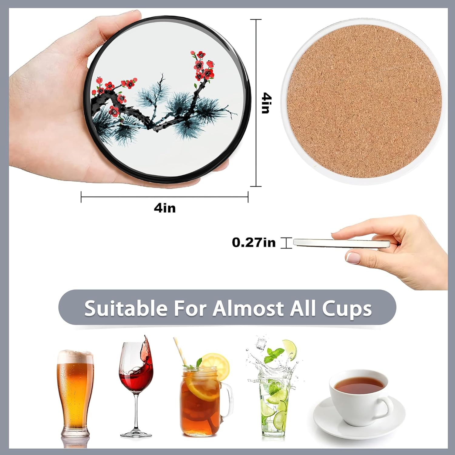 Drink Coasters Set of 6 with Holder,Japanese Cherry Blossom and Fujiyama Mountain Absorbent Ceramic Coasters with Cork Base,Fit All Cups,Tabletop Protection Mat for Mugs and Cups,Office,Kitchen - Image 2