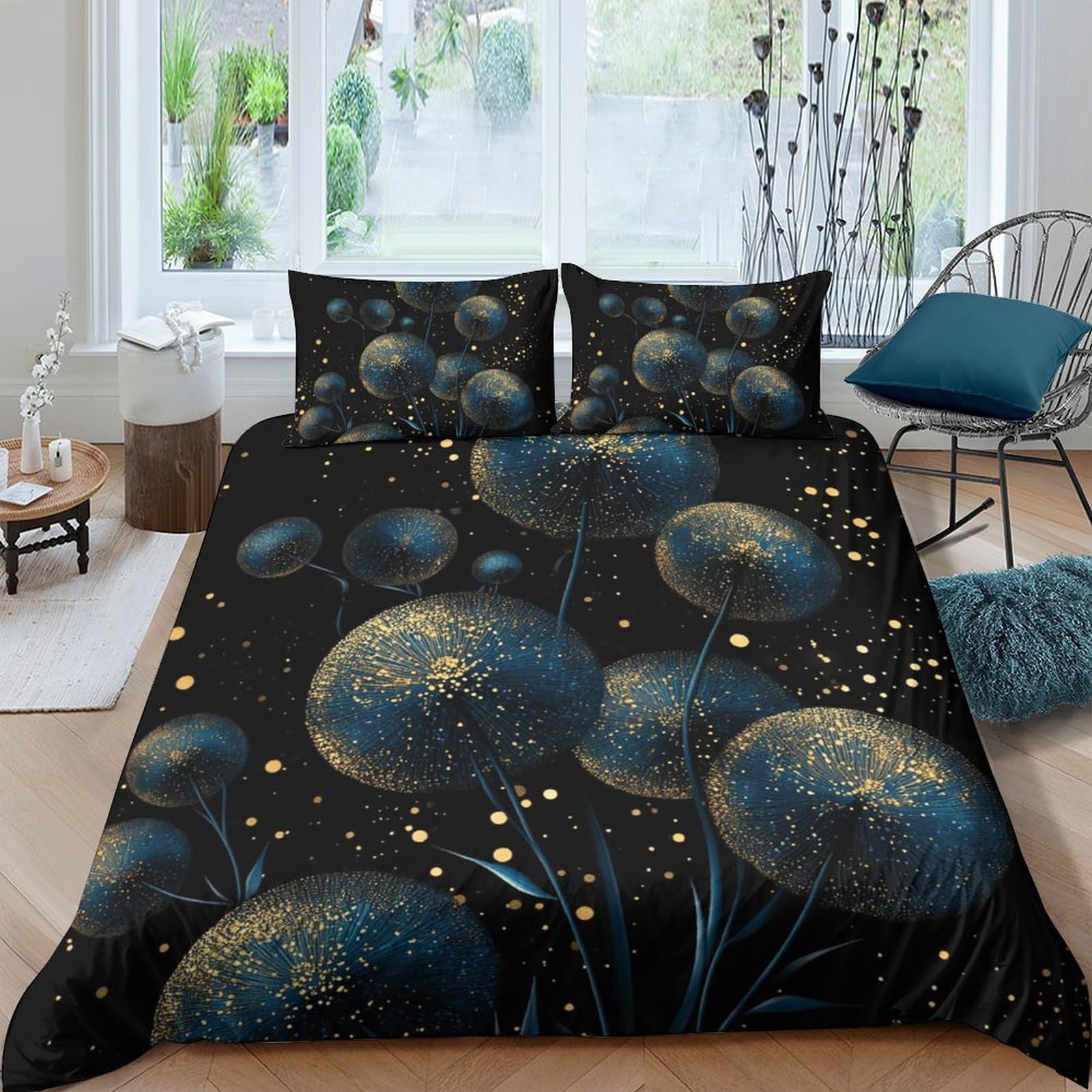 Ctjqhvkz Style-9 3D Printed Dandelion Night Fitted Sheet Microfiber Soft Blue Gold Mattress Cover Bedroom Decor Single（135X200cm）