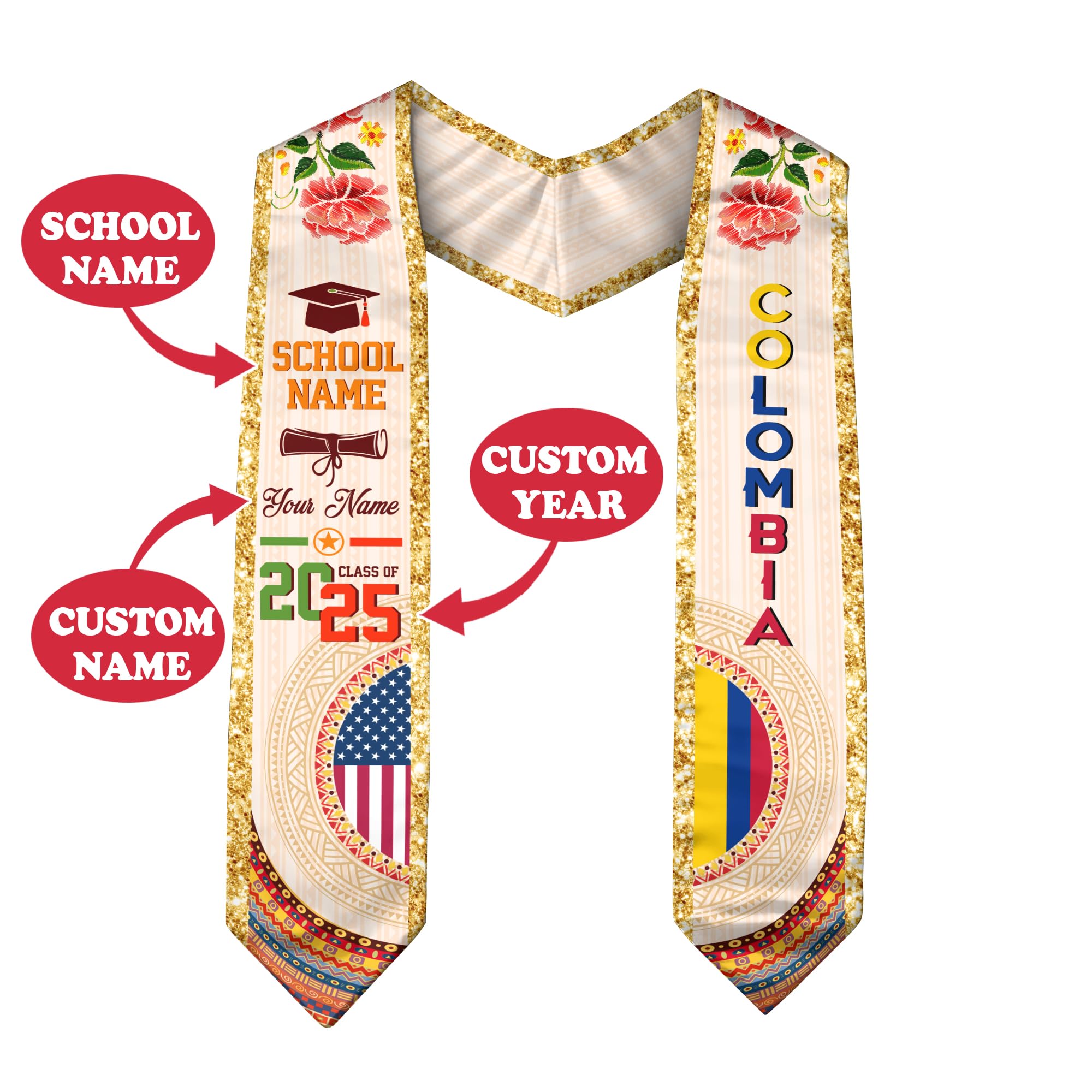 Custom Colombian Graduation Sash, Colombia Graduation Stole Customize, Colombian American Flag Graduation Sash 2025 3