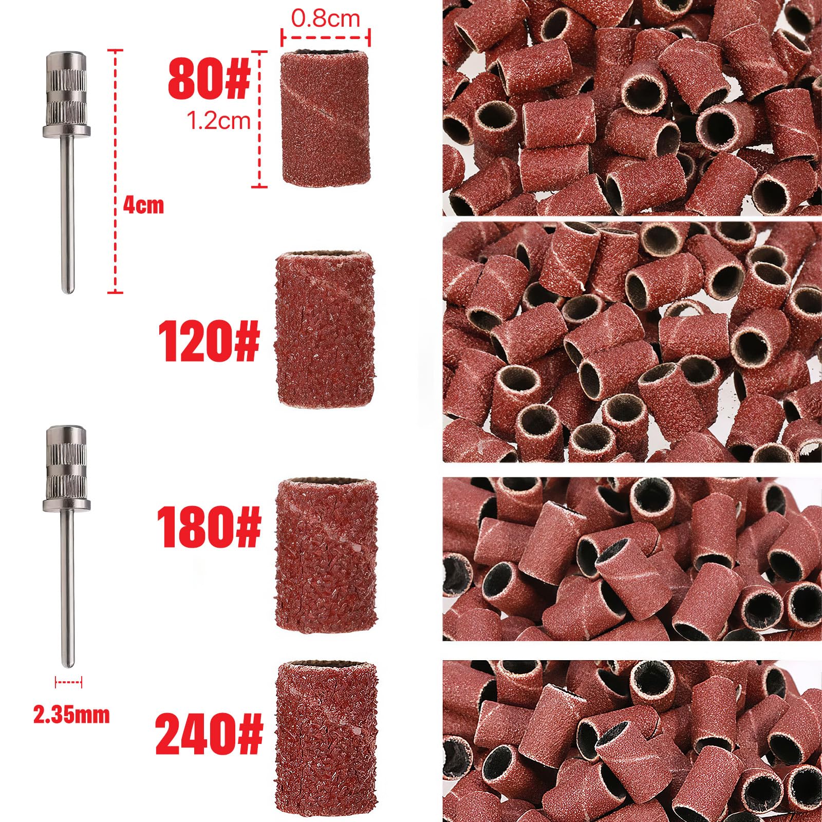 120 Pezzi Levigatura Bande per Pedicure E Manicure,2 Punte per Fresa Unghie,Ricambi Fresa per Unghie,Cilindri Abrasivi Fresa Unghie,80/120/180/240 Grana Manicotti Di Levigatura per Unghie