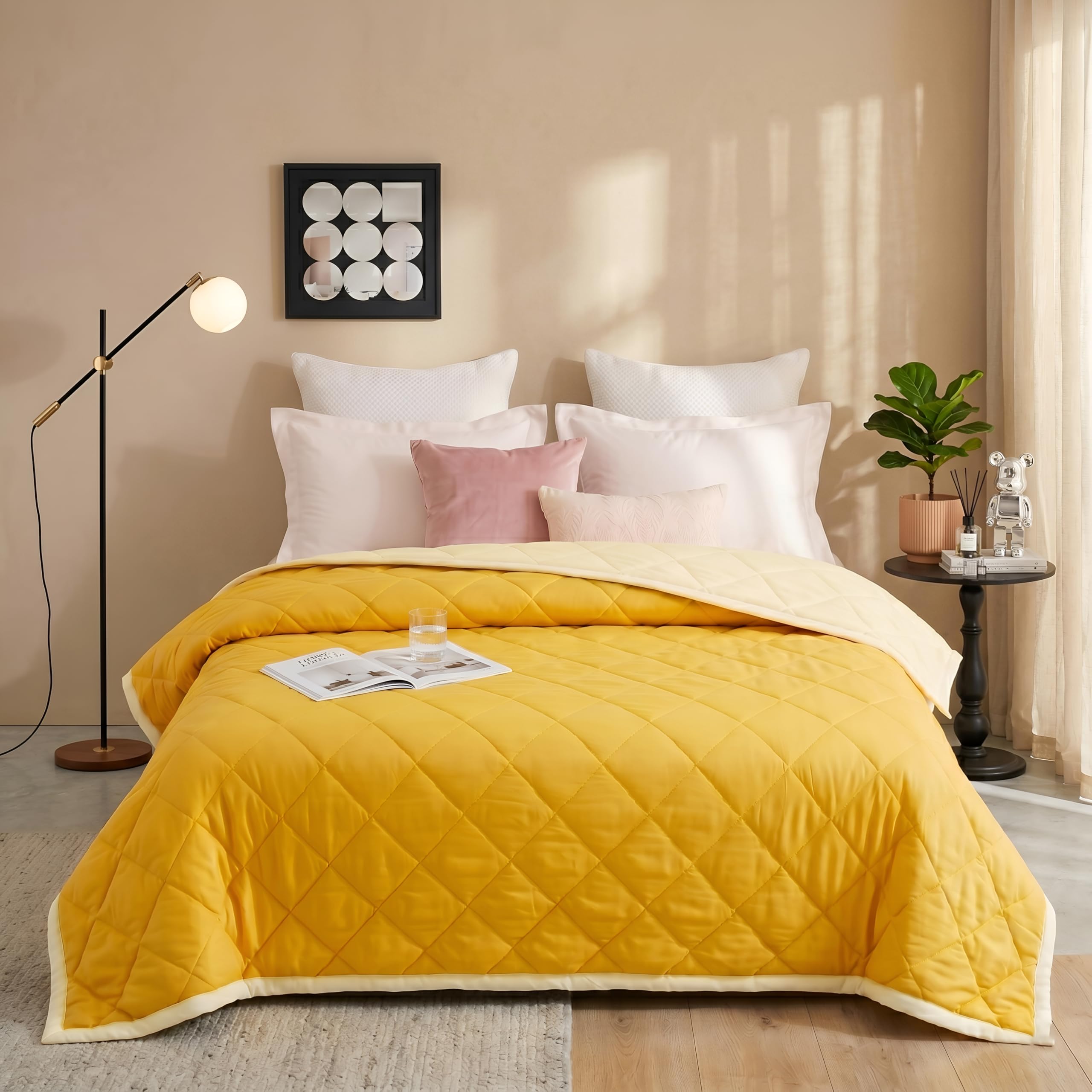 BSB HOME Reversible Comforter for Double Bed,280 GSM Ultra Soft Microfiber Quilted AC Comforter,Lightweight All Season Blanket, Breathable & Skin Friendly,80 x 90 Inches (203 x 229 cm) -Mustard Yellow