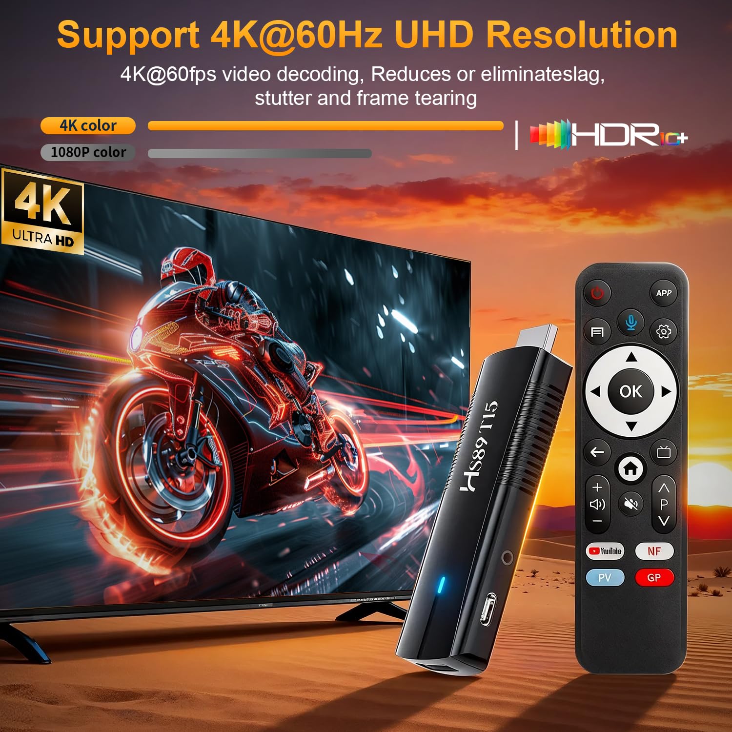 HS89 T15 Smart TV Stick Android 14 4K Ultra HD, 2GB RAM 16G ROM RK3539 WiFi 6 Bluetooth 5.4 HDR10+, TV Stick Box Android 14.0 con Assistente Telecomando Vocale, Dispositivo di Streaming Intelligente