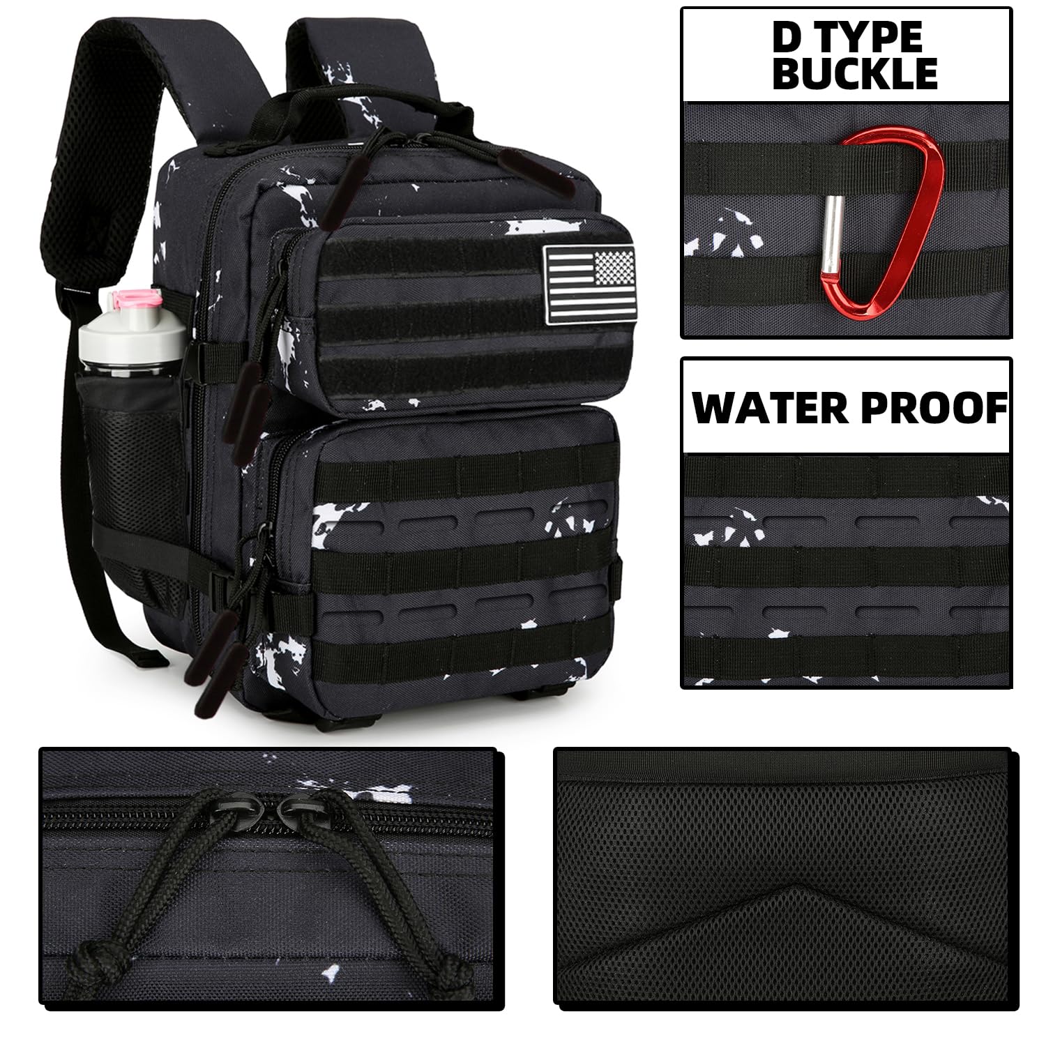 Mochila táctica de uso diario Mochila táctica militar para hombres y mujeres 45L Mochila de fitness, Puntos blancos & negros, Pequeño, Mochilas Daypack 7