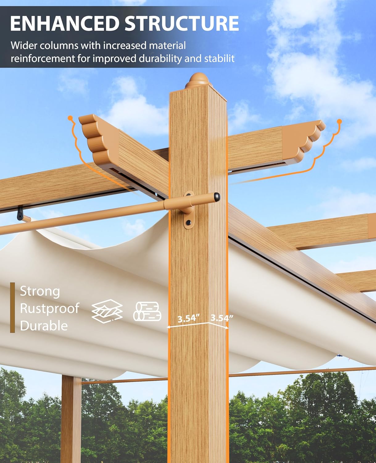 Close-up of the pergola's enhanced structure, showing wider columns (3.54 inches) with reinforced material for improved durability and stability. Text indicates 'Strong, Rustproof, Durable'.
