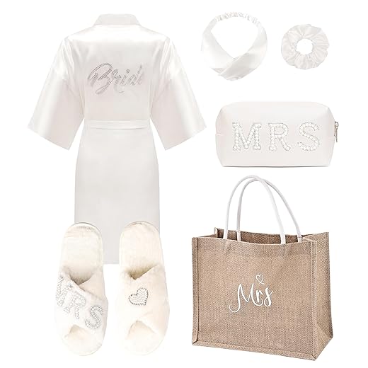 6 Pcs Bride Robe for Wedding Day Set Satin Bride Robe and Slippers Set for Bachelorette Party Bridal Shower Gifts