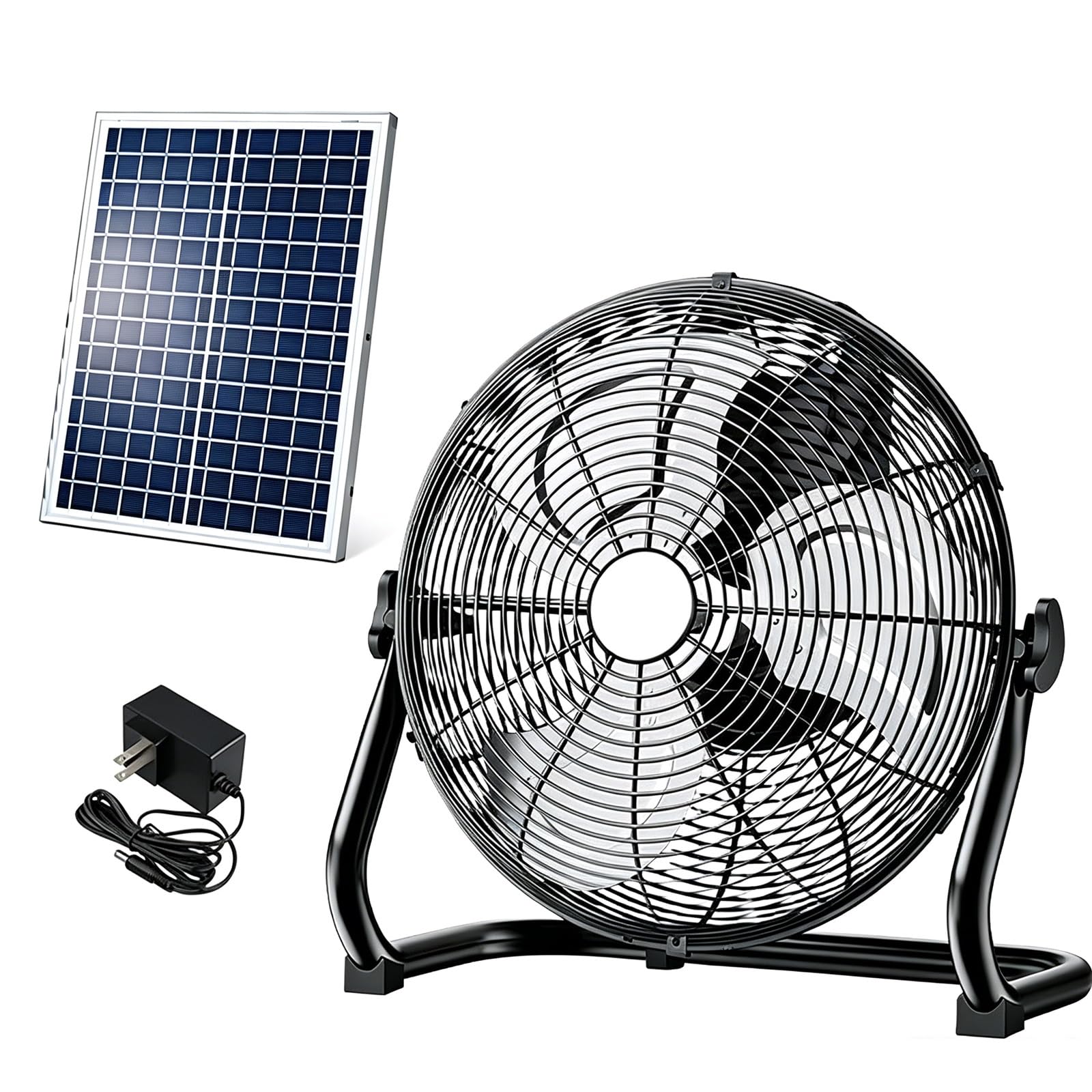 Ventilador solar portatil con pantalla LED negra para patio de 42cm