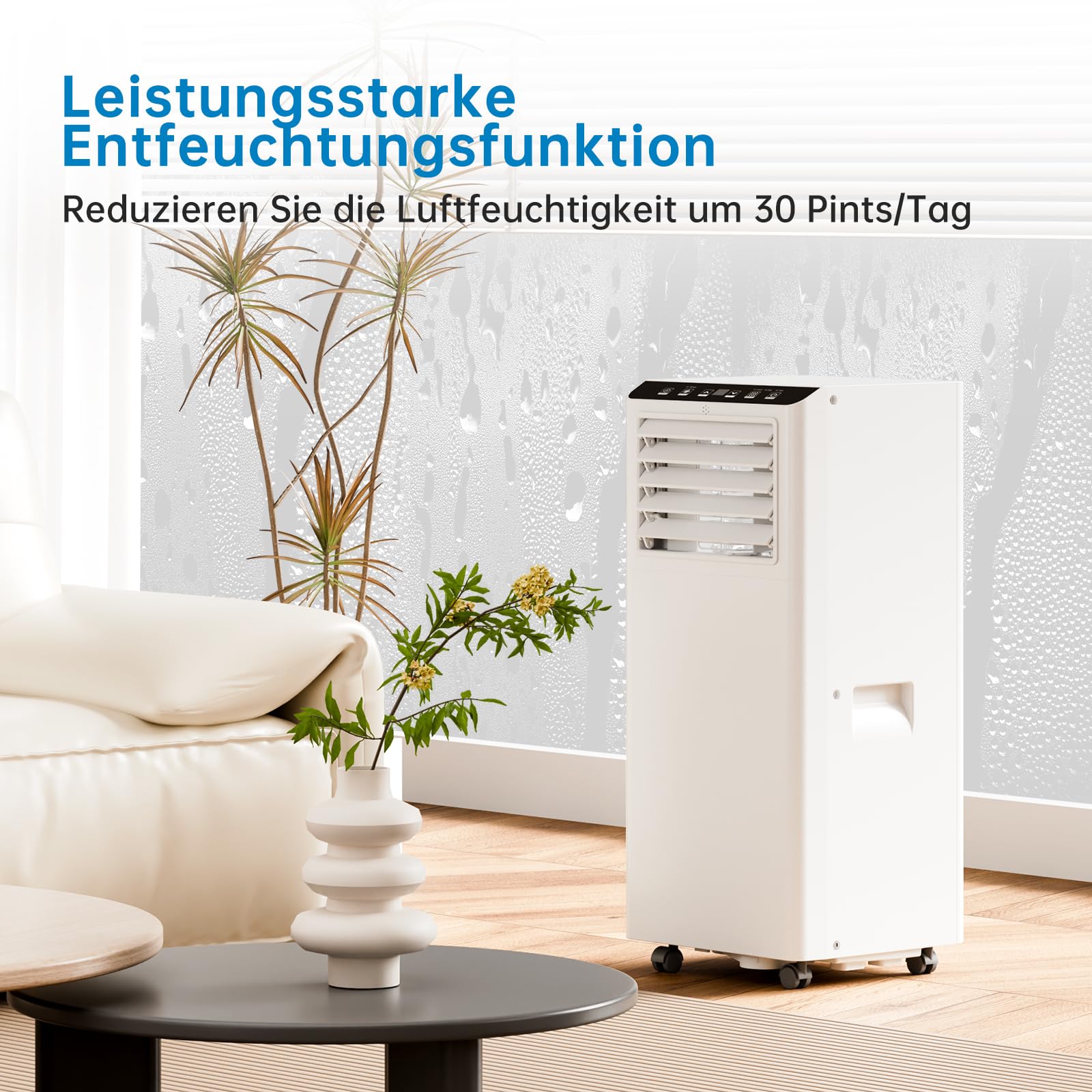 Garvee Climatiseur Mobile 9000 BTU, (Refroidissement, Déshumidification, Ventilation, Mode Nuit), Pour pièces jusqu'à 45 m², Kit d'étanchéité fenêtre inclus, Télécommande, <51 DB