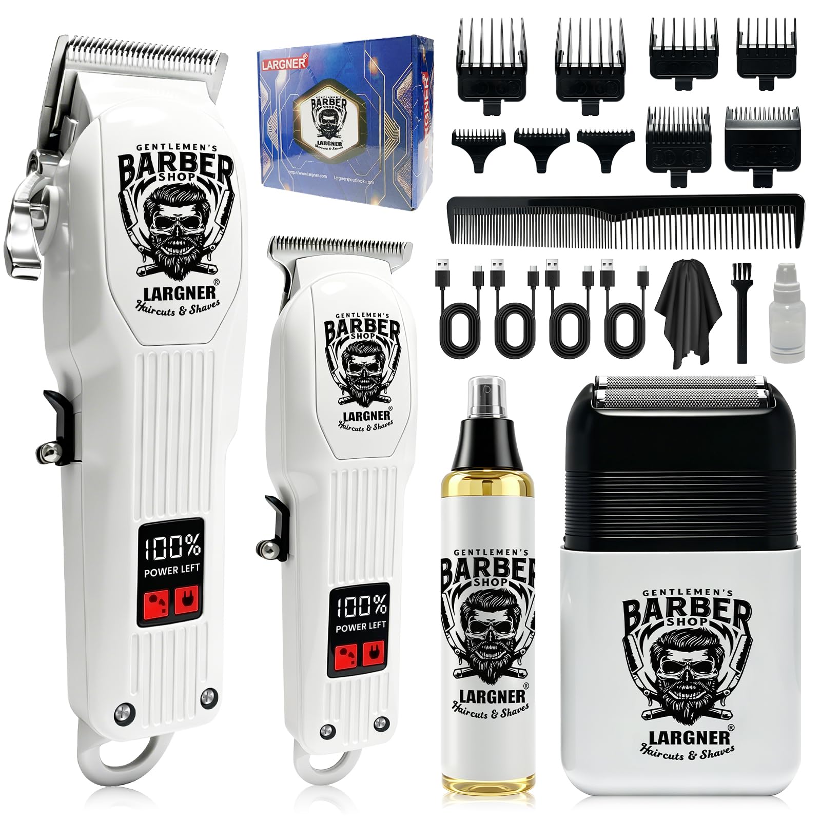 Cortapelos profesional inalámbrico recargable hombre, recortadora barba afeitadora eléctrica LCD 8 peines guía kit