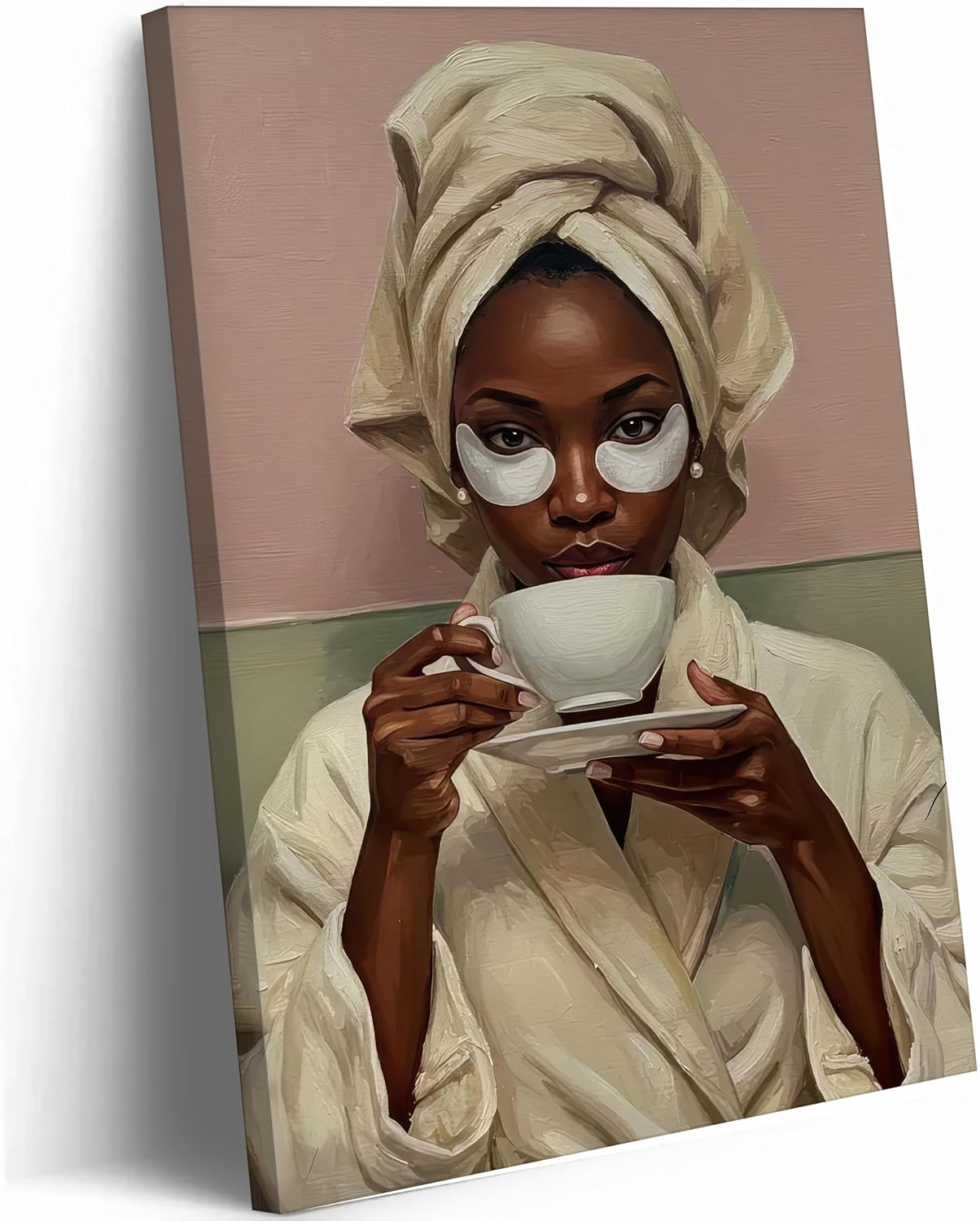 Black Woman Banthroom Canvas Wall Art Relaxing Woman Drinking Coffee Picture Wall Decor African American Black Girl Spa Poster Zen Yoga Painting Print Artwork for Restroom Toilet Washroom Home Decor