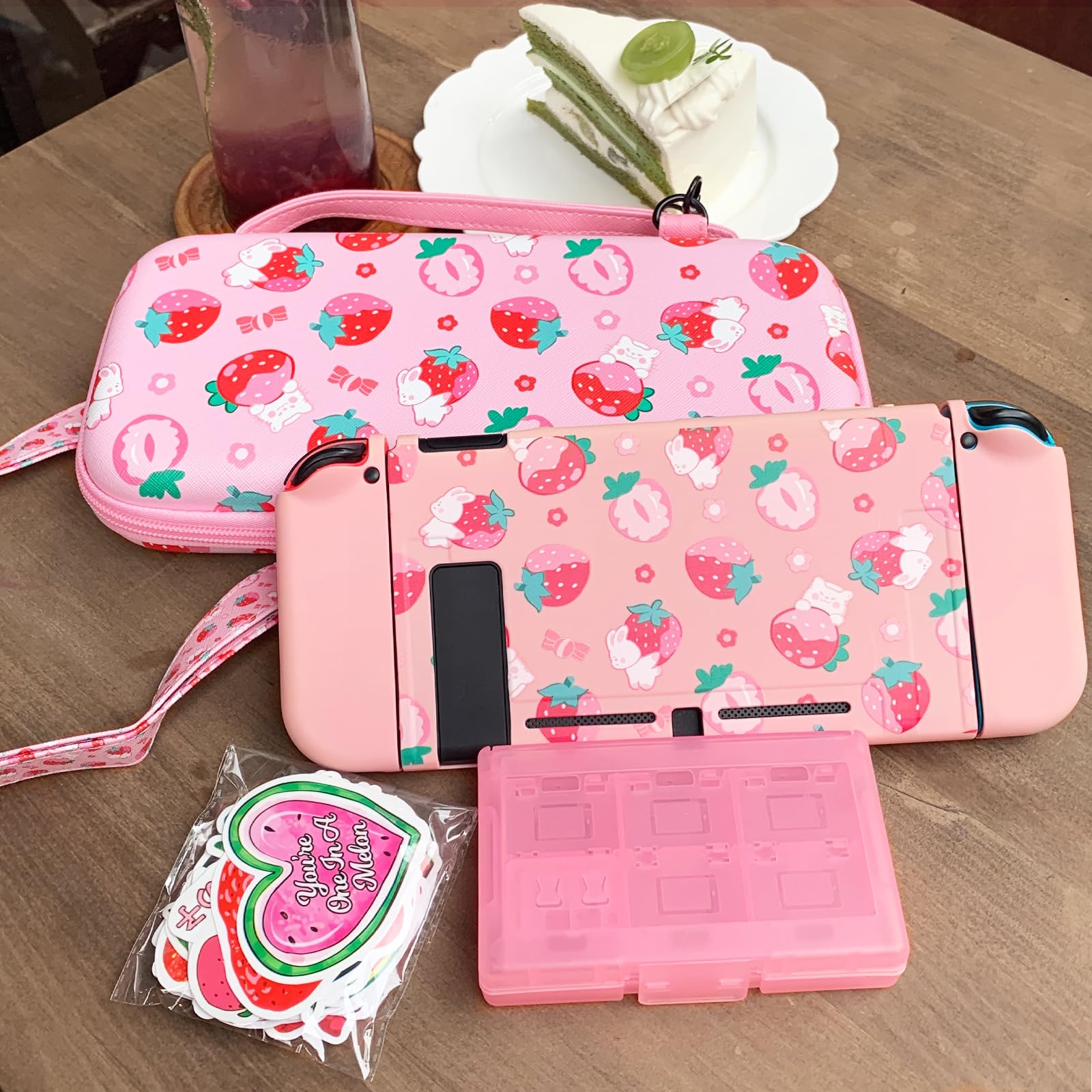 TIKOdirect Étui de transport pour Switch, joli sac portable pour accessoires avec étui de protection souple, protecteurs d'écran et capuchons pour les pouces, étui pour cartes de jeu 7 en 1, rose