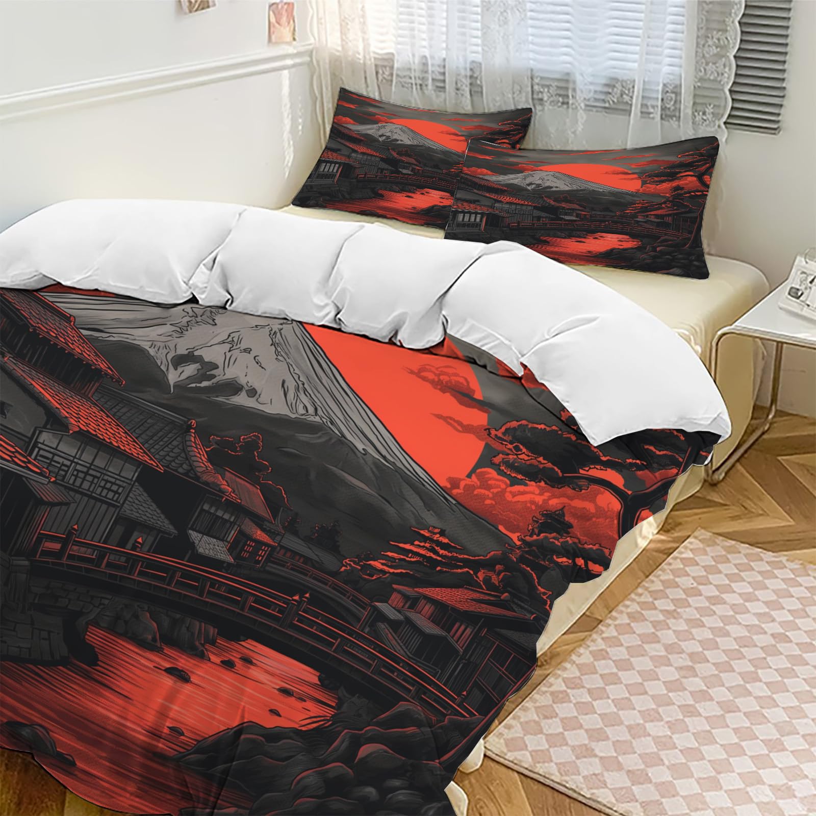 Housse de couette paysage de montagne et art japonais pour chambre parentale zen
