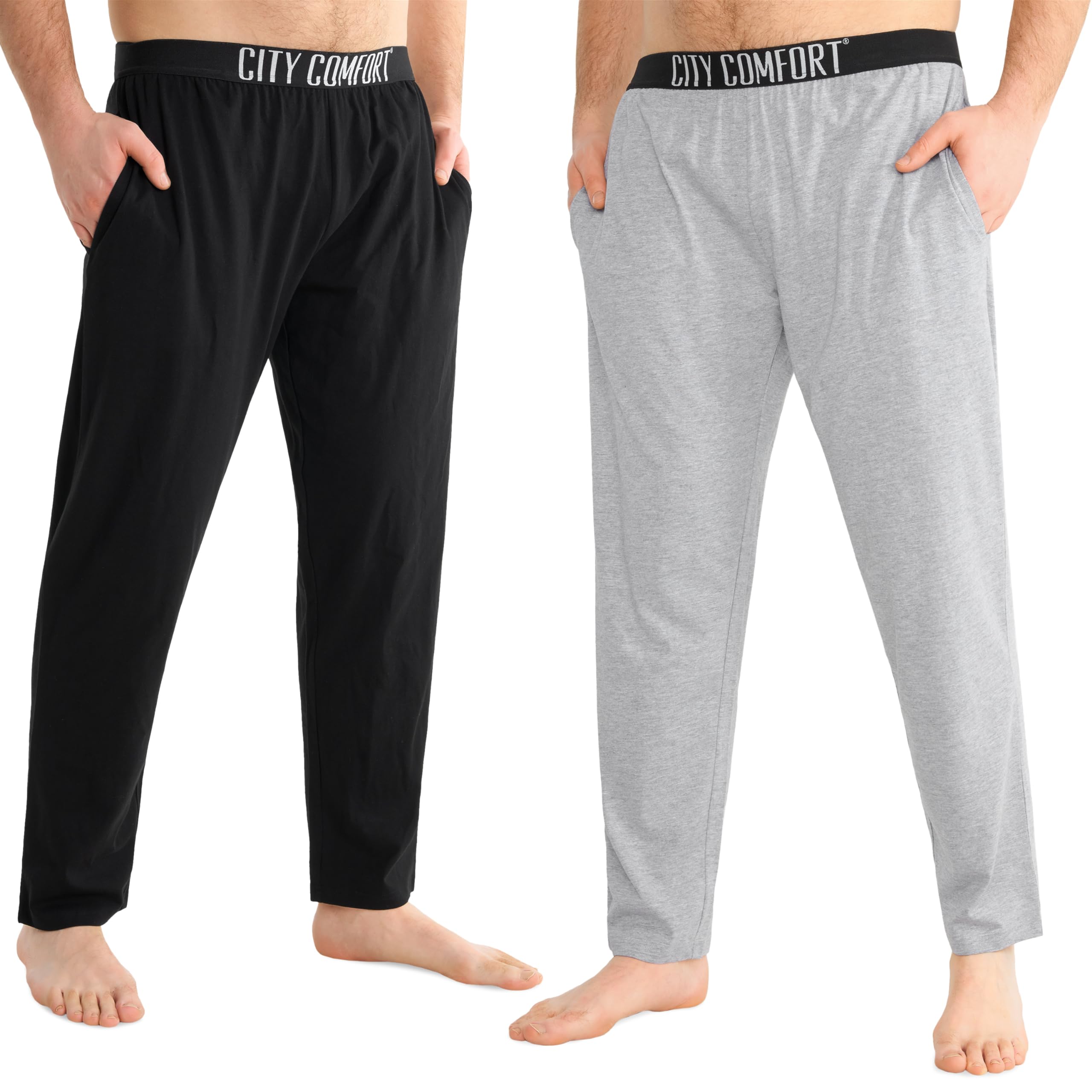 CityComfort Mens Pyjama Bottoms - Jersey Lounge Pants with Pockets, Pack of 2