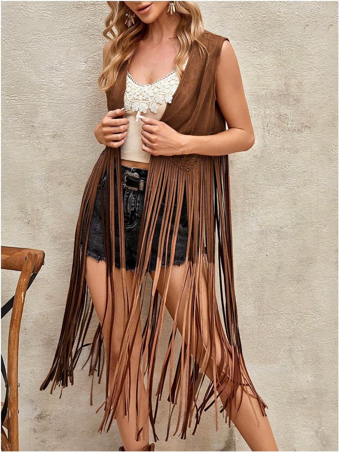 OYOANGLE Women's Boho Studded Fringe Long Vest Open Front 70s Hippie Western Sleeveless Jacket