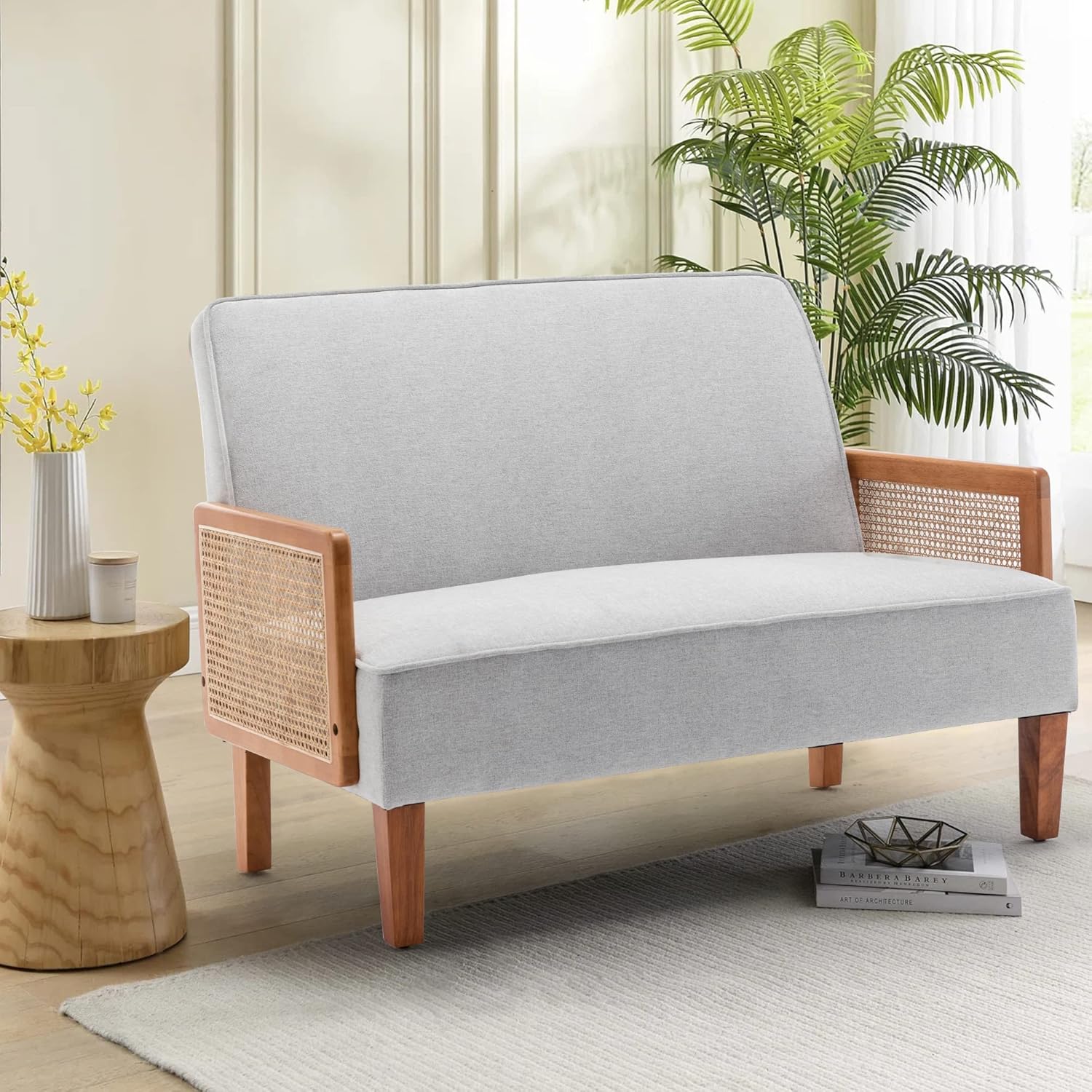 Changjie Furniture Small Loveseat Rattan Sofa Couch with Arms Upholstered Small Love seat Mini Sofa Couch for Bedroom Living Room Ivy