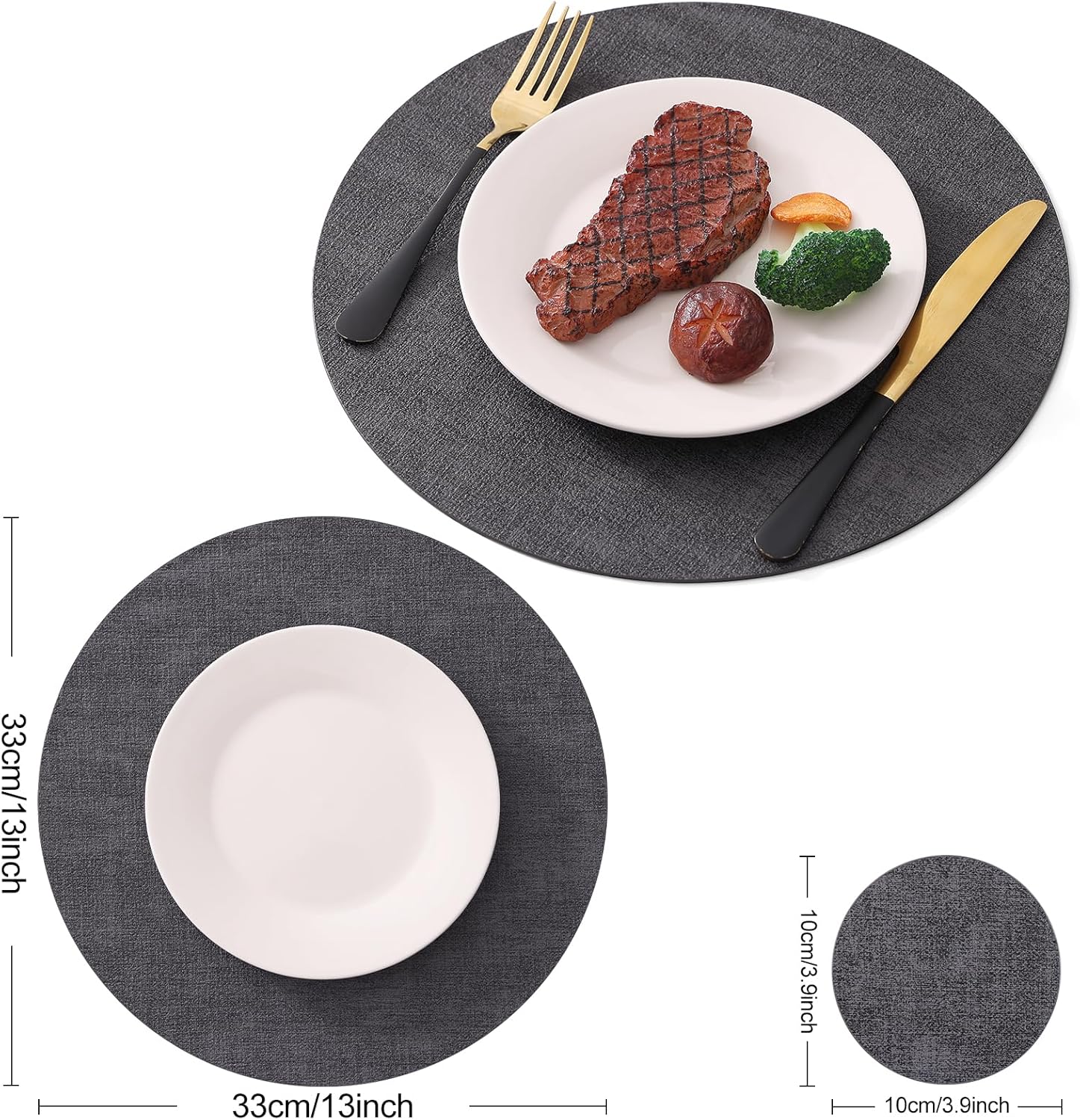 Homaxy Round Faux Leather Placemats and Coasters, Washable Dual-Side Table Mats, Wipeable Heat-Resistant Dining Place Mats for Outdoor and Indoor, Set of 6, Diameter 13 and 3.93 inch, Dark Grey