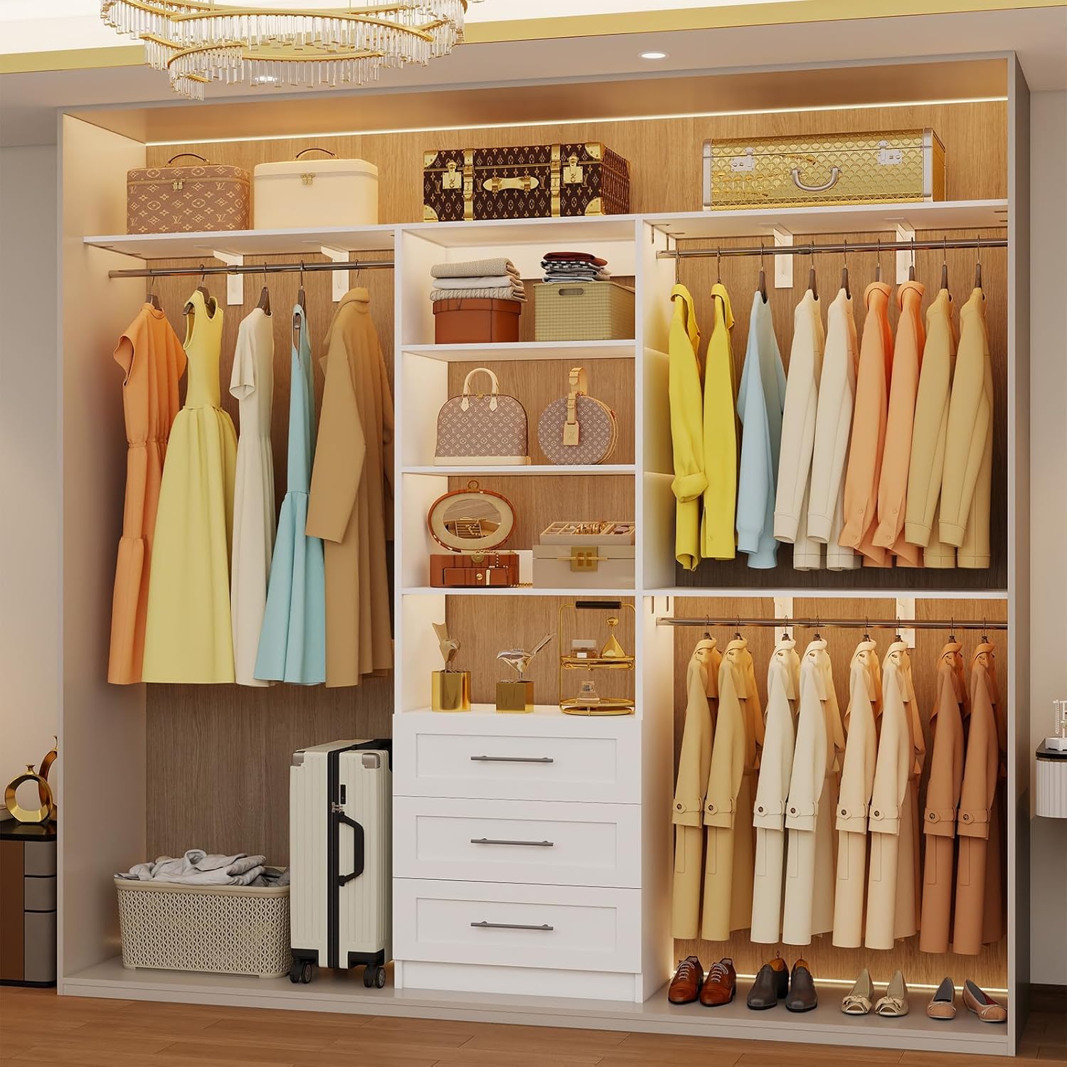 Closet System with 3 Drawers, 4-8FT Custom Closet Organizer System Modular with Adjustable Shelves for Walk in Closets with 3 Expandable Rods, Wood Built In Closet Storage System Heavy-Duty, White