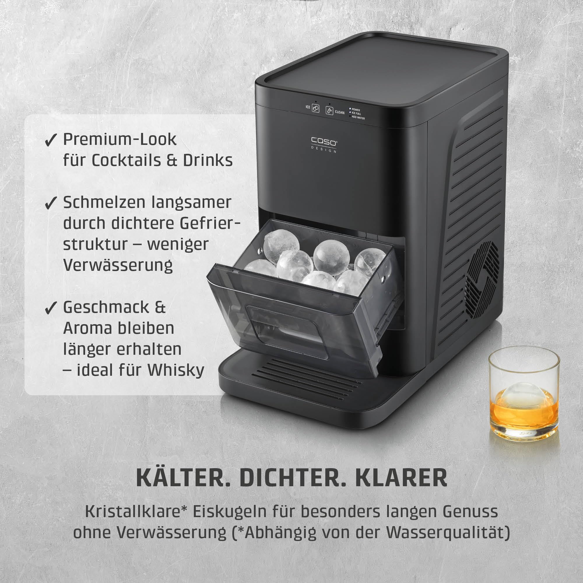 CASO IceBall Pro Eiskugelbereiter mit Kompressor – Kristallklare Eiskugeln 50–55 mm, 2 Kugeln/Stunde, 1,3 l Wassertank, Selbstreinigung, LED-Anzeige, mattschwarz