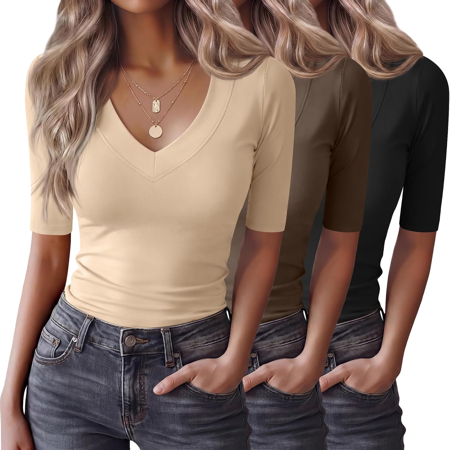 3 Pack Women's Half Sleeve T Shirts V Neck Elbow Length Slim Fit 1/2 Sleeve Tops Casual Basic Summer Tees