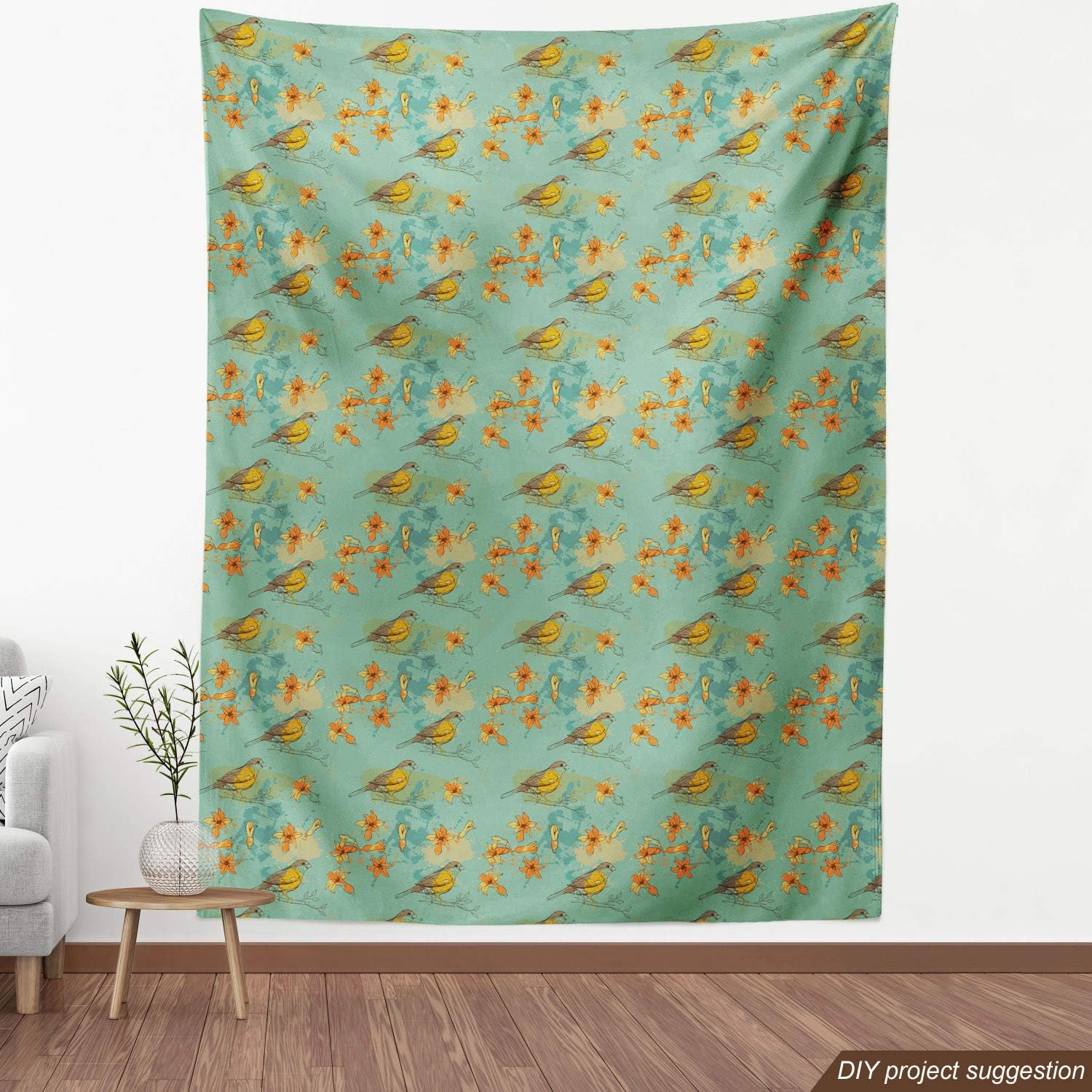 Lunarable Floral Fabric by The Yard, Bullfinch Birds Hyacinth Flowers and Blots, Decorative Fabric for Upholstery and Home Accents, 3 Yards, Seafoam Marigold