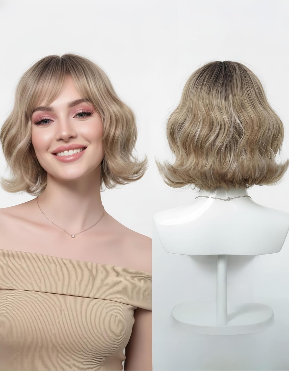 short auburn wig for women - 10'' Textured Curly Bob red brown Wig Synthetic Hair with Bangs, Curly Style for Daily Use