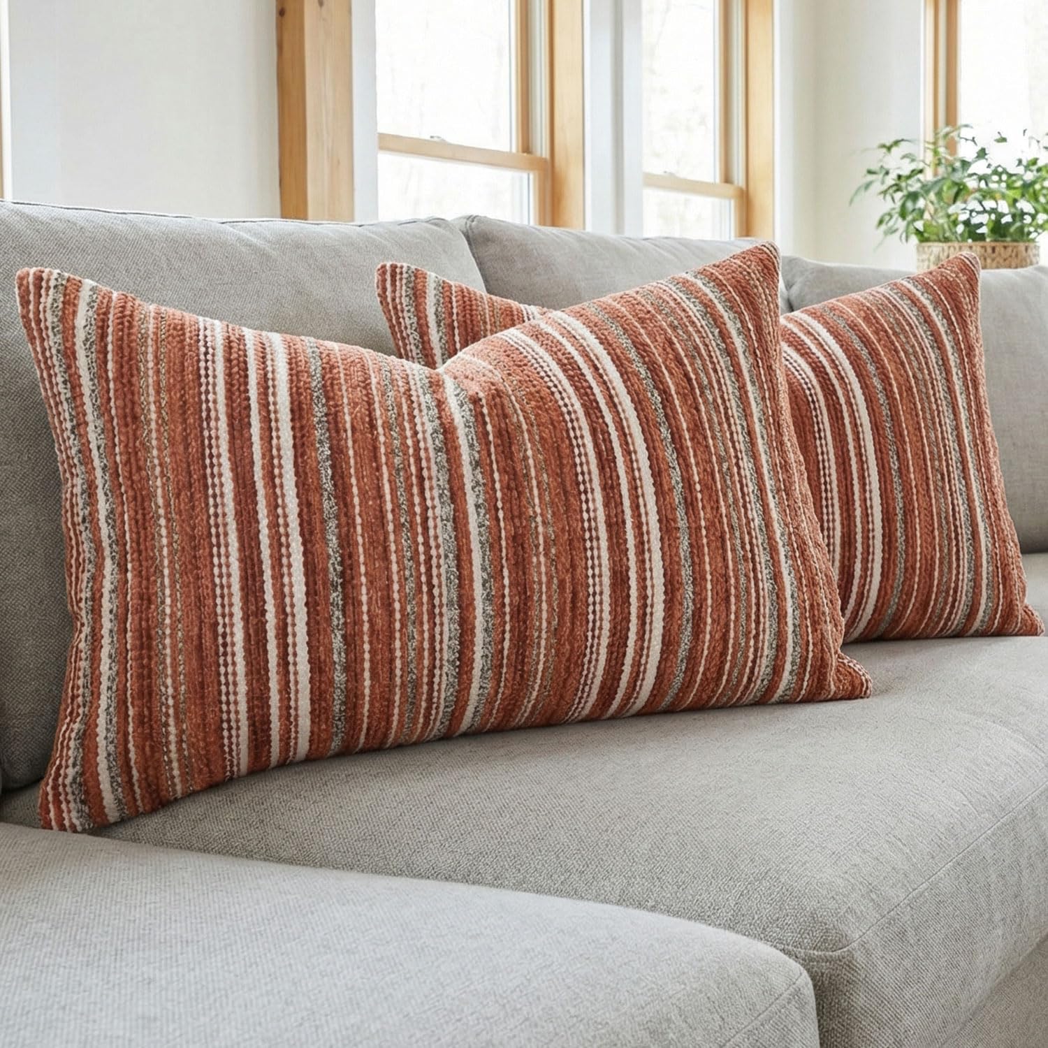 BOYSUM Set of 2 Striped Chenille Throw Pillow Covers 12x20 Inches Premium Plush Textured Decorative Cushion Covers Reinforced Hidden Zipper Mid-Century Modern Farmhouse Decor for Couch Sofa Orange