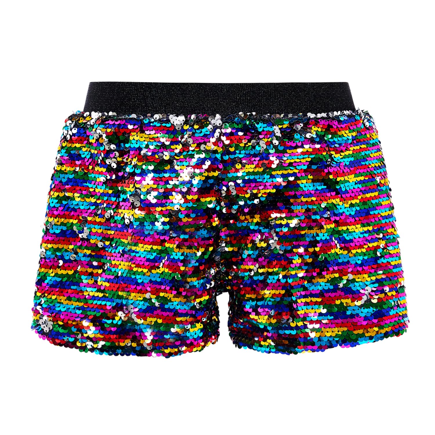 A ARFAR Women Sequin Shorts Summer Sparkly Flip Glitter Short Pants Ladies Shiny Party Birthday Concert Dance Halloween Christmas Clothes Rainbow to Silver XXL