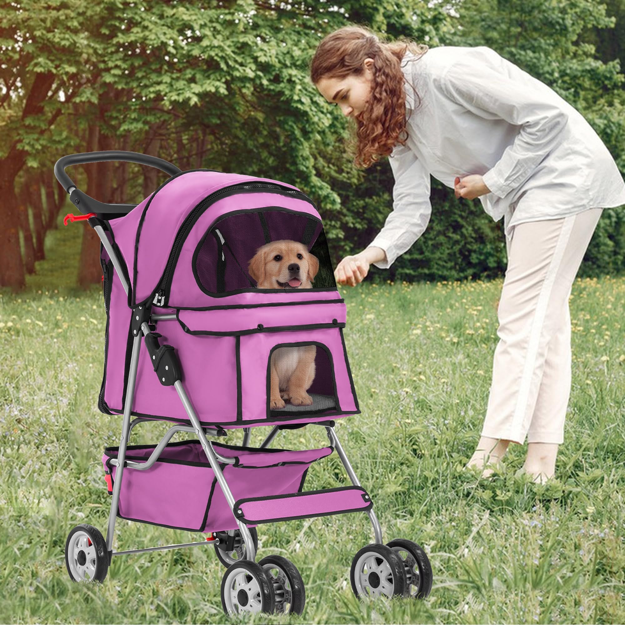 FDW Hundewagen, Faltbar Hundebuggy, Katzenwagen mit 2 360°Drehrädern, Inkl. Aufbewahrungskorb,Kissen&Netzfenstern Getränkehalter 4 Räder, bis 15 kg, Klappbar Haustierbuggy Jogger Buggy, Rosa