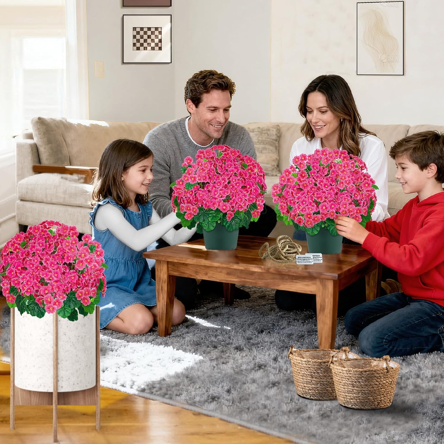 Artificial Handmade Geraniums with Flowers Scent 2 Pots Pink White Purple Lavender Lifelike Faux Geraniums Bushes Fake Flowers for Wedding Party Home Office Indoor Outdoor Plants Decor