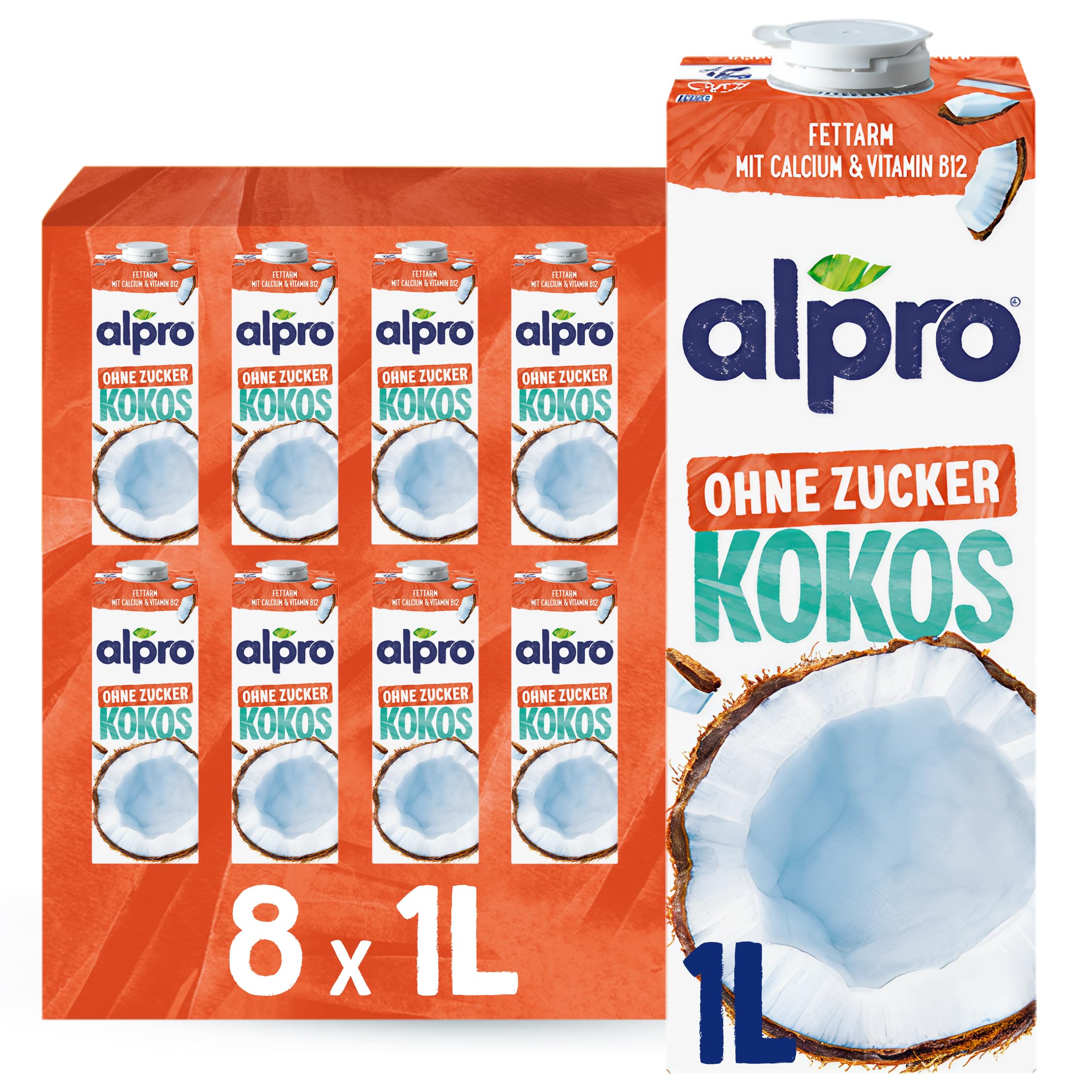 Alpro Kokosnussdrink ohne Zucker – Ohne Süßstoffe – Vegan und milchfrei – Von Natur aus laktosefrei und fettarm – Reich an Calcium und Vitaminen – 8 x 1 L