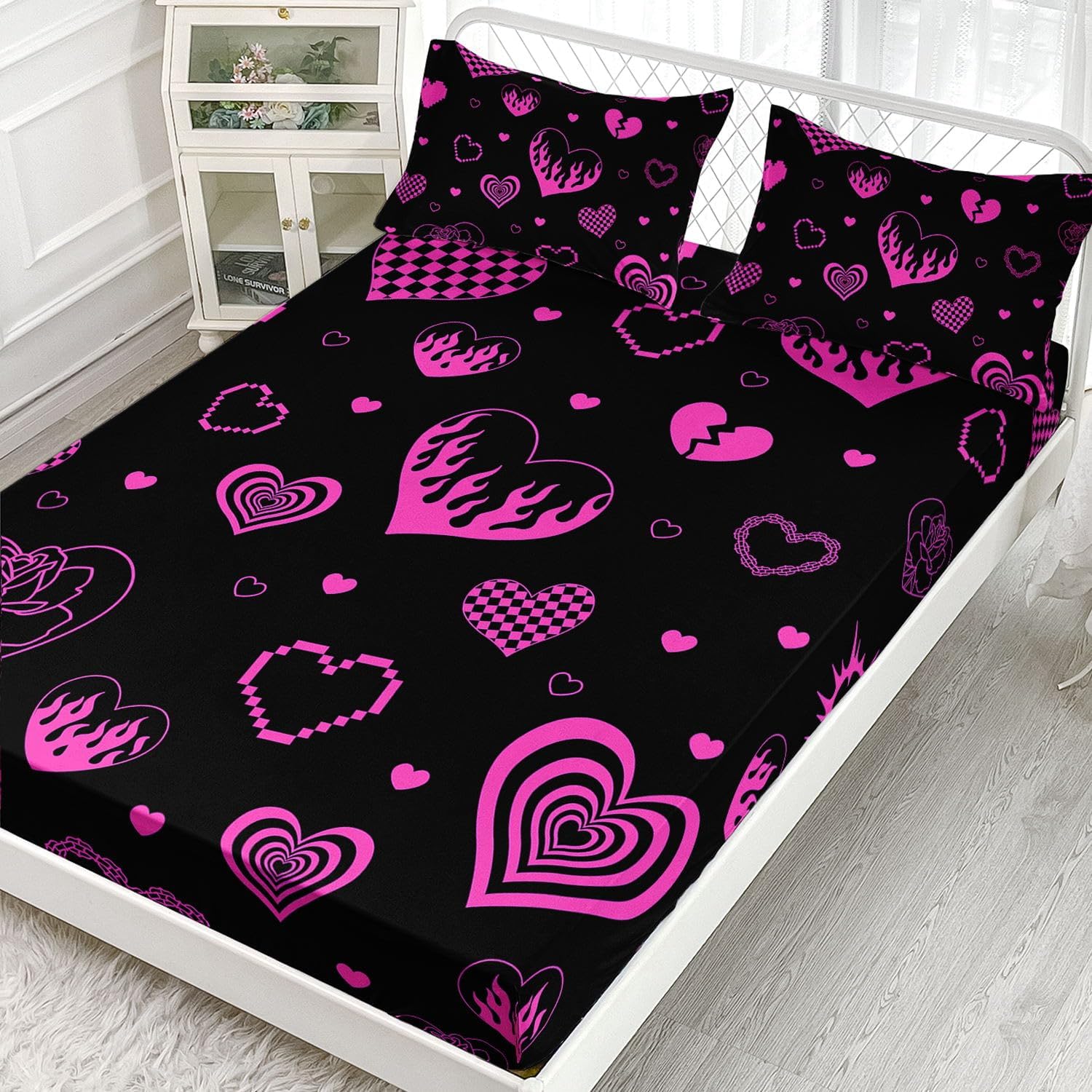 Purple Hearts Printed Full Sheets Set 4 Pcs Bed Sheet for Teens,Boys,Girls,with 1 Flat and 1 Fitted Sheet + 2 Pillowcases(Purple Heart Full)
